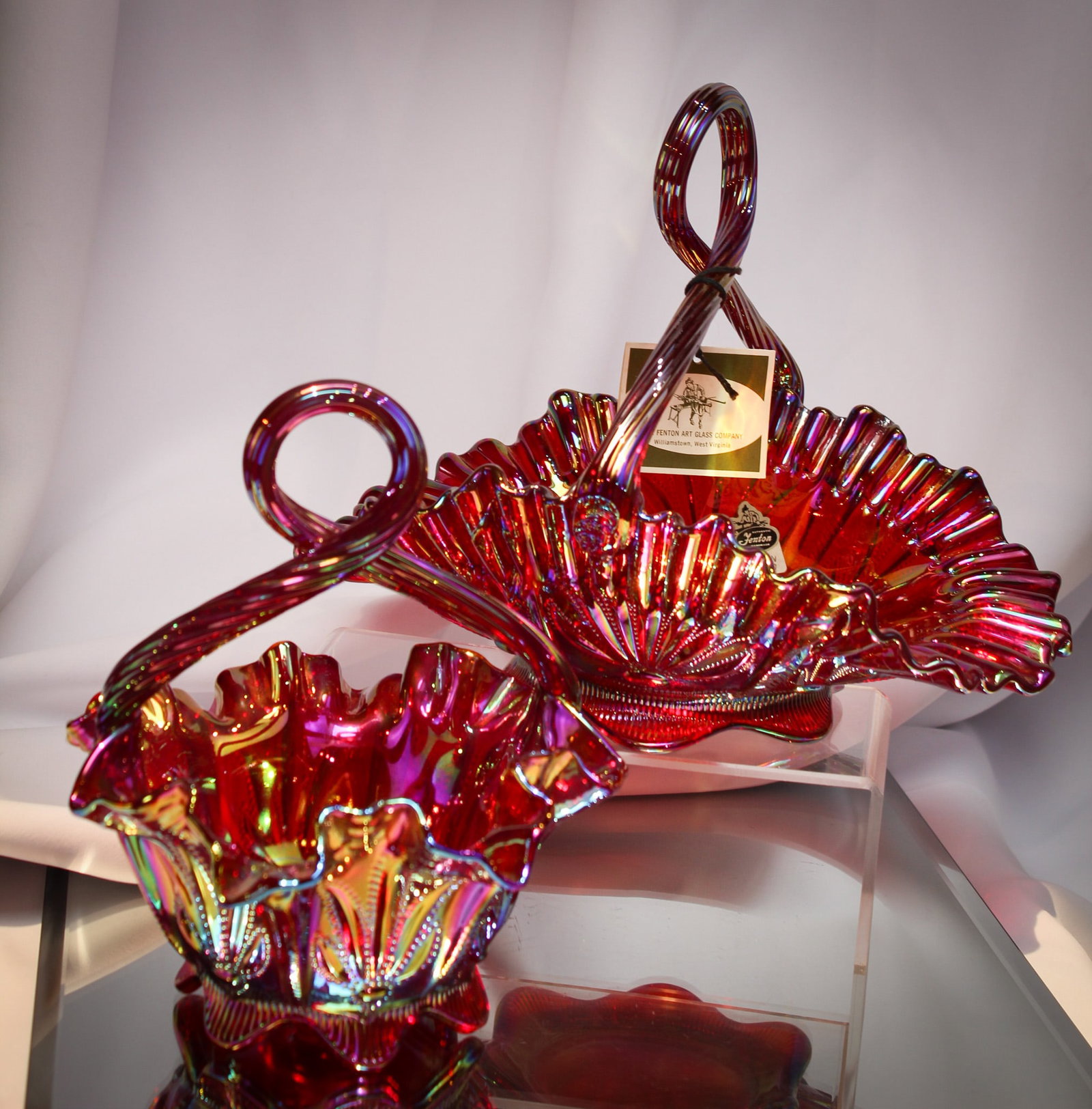 2 pc Lot Fenton Levay Red Carnival Glass Baskets: Two fine whimsy baskets in Fenton Levay red carnival "Cactus" pattern. A tisket. A tasket. What's in your basket?