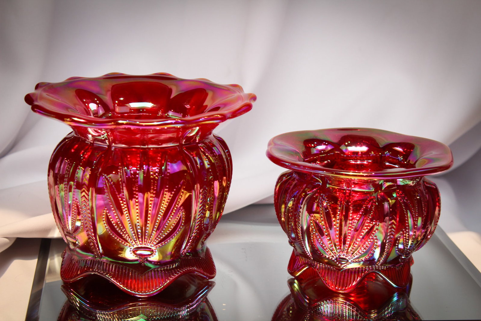 2 pc Lot Fenton Levay Red Carnival Glass Cactus Spittoons: Two wonderful examples of Fenton Levay red carnival glass "Cactus" pattern spittoons.