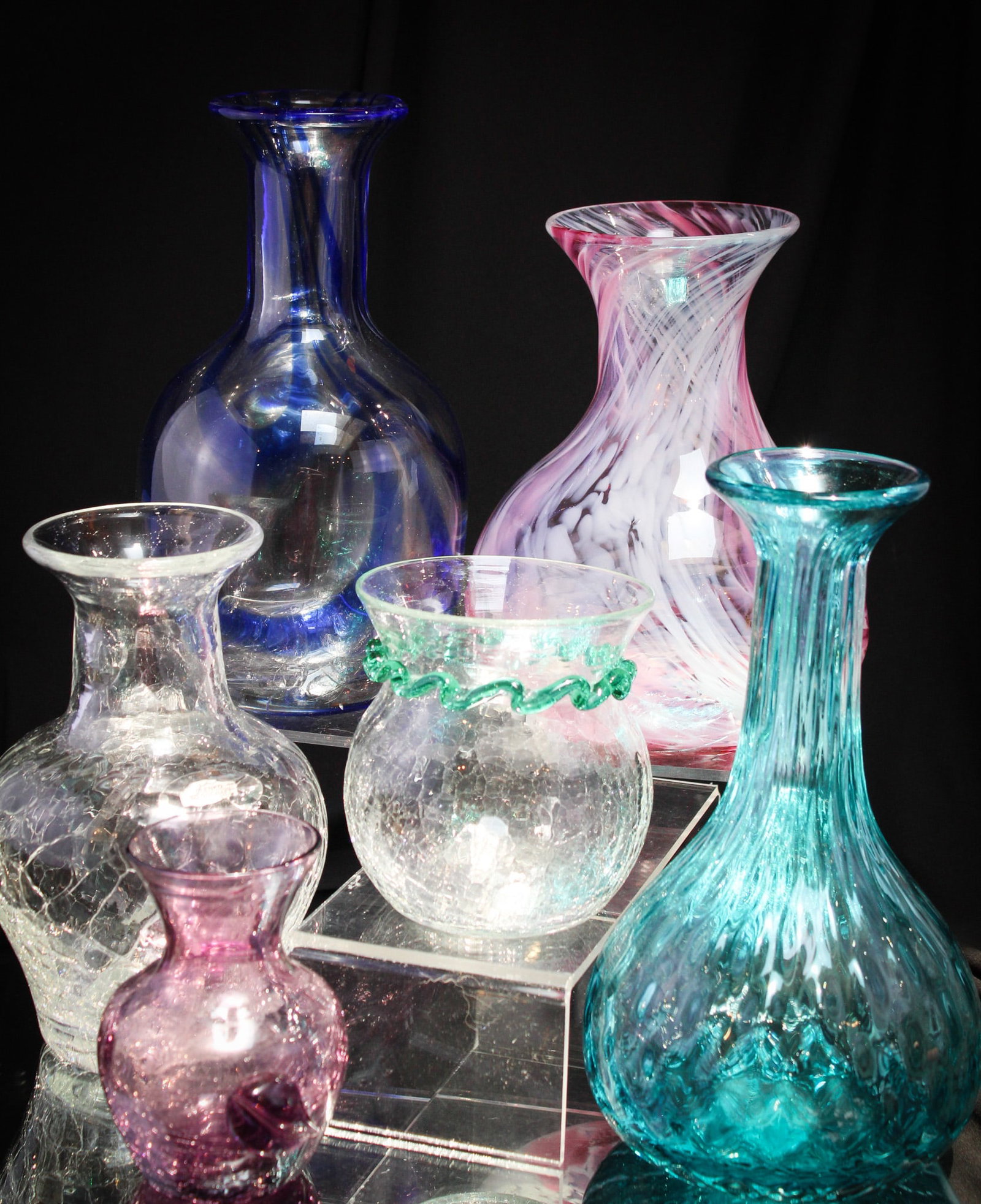 6 pc Lot Blenko Glass: Nice assorted lot of six pieces of Blenko glass. Two unsigned, four signed. What an array!