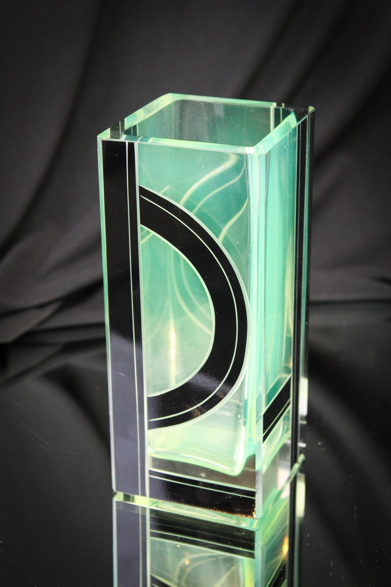 Carl Palda Vaseline Glass Art Deco Style Vase: Attributed to Carl Palda, this Art Deco design vase is unique with black design cut. Vase glows brilliantly.
