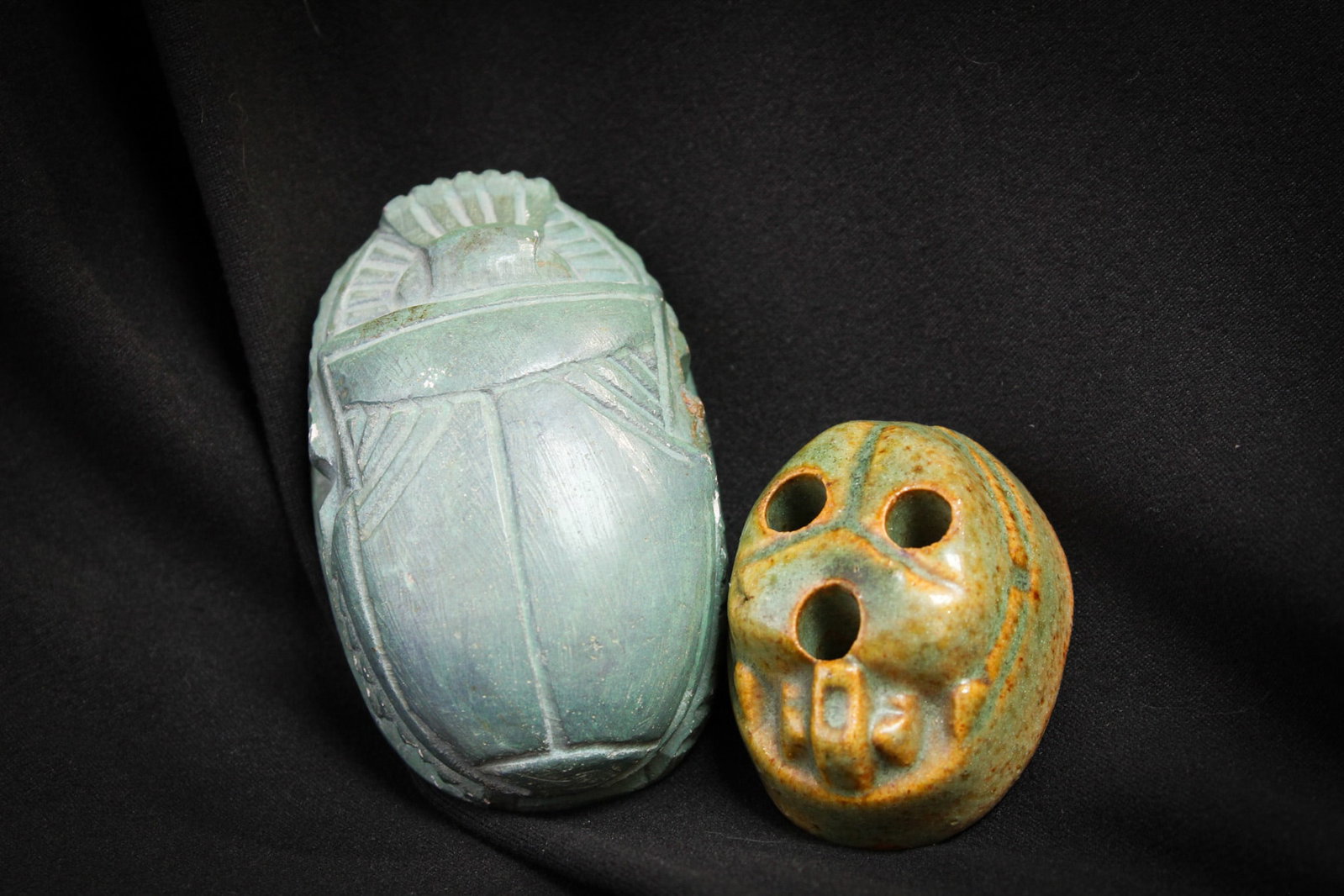 Fulper Pottery Scatrab Flower Frog & More: Super and hard to find Fulper pottery scarab form flower frog along with another scarab figurine.