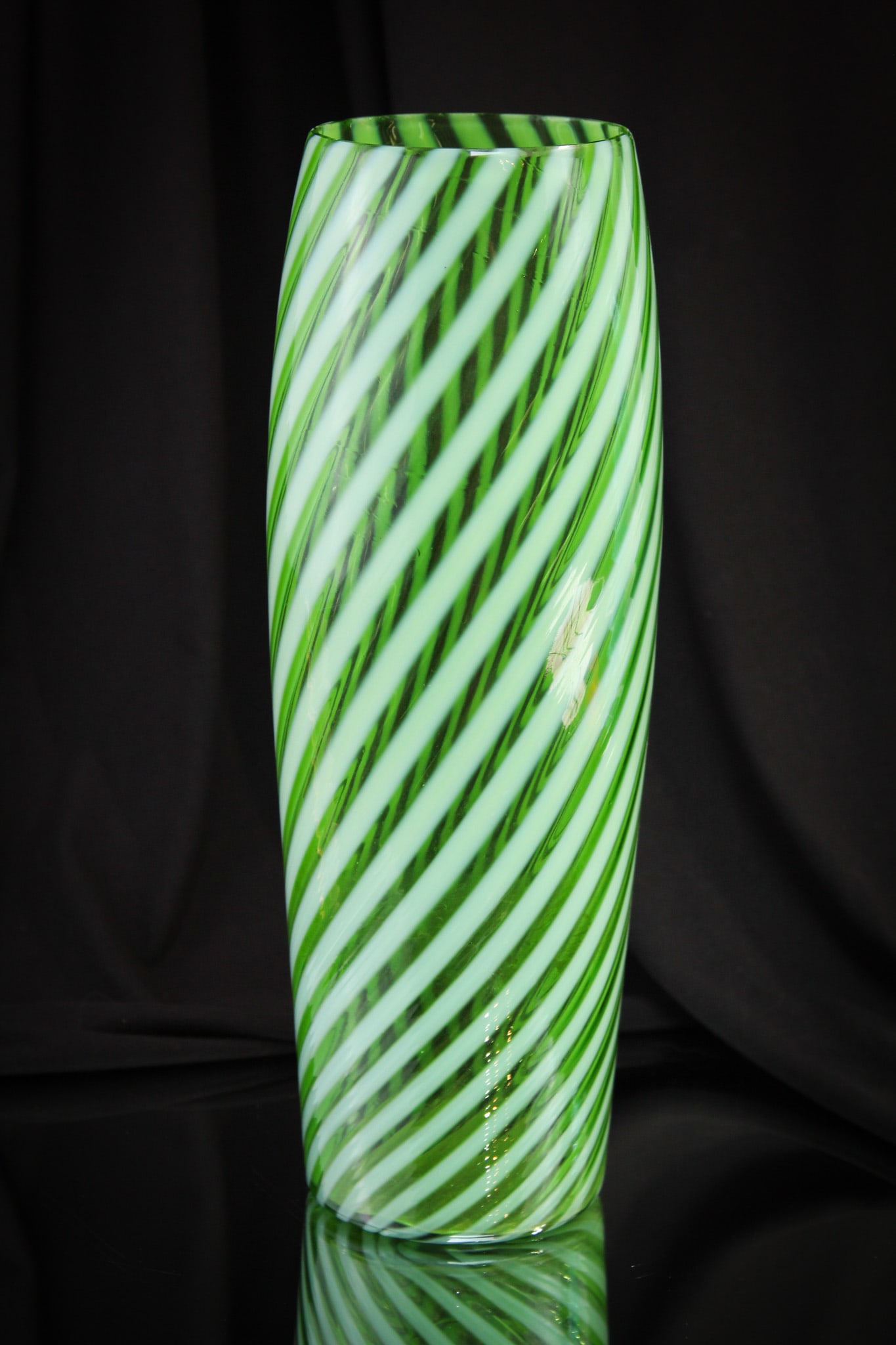 Rare Jefferson Green Opalescent Swirl Tall Vase: Such a rare find. We have had this vase in the Jefferson "Swirling Maze" pattern, but never before in this green opal swirl. Nice example.