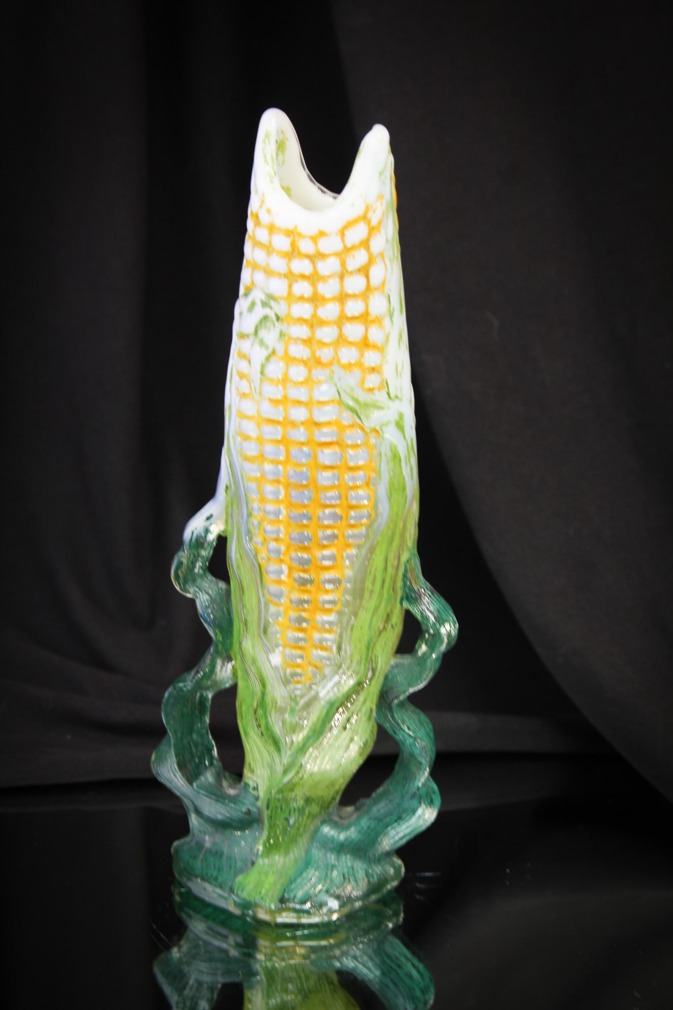 Rare Dugan Opalescent Glass painted Corn Vase Whimsy: First we have seen! These are always tough but a cold painted Dugan opalescent corn vase is a whole lot more rare! This example is very showy and is sure to please. One of the finest Victorian Opalesc