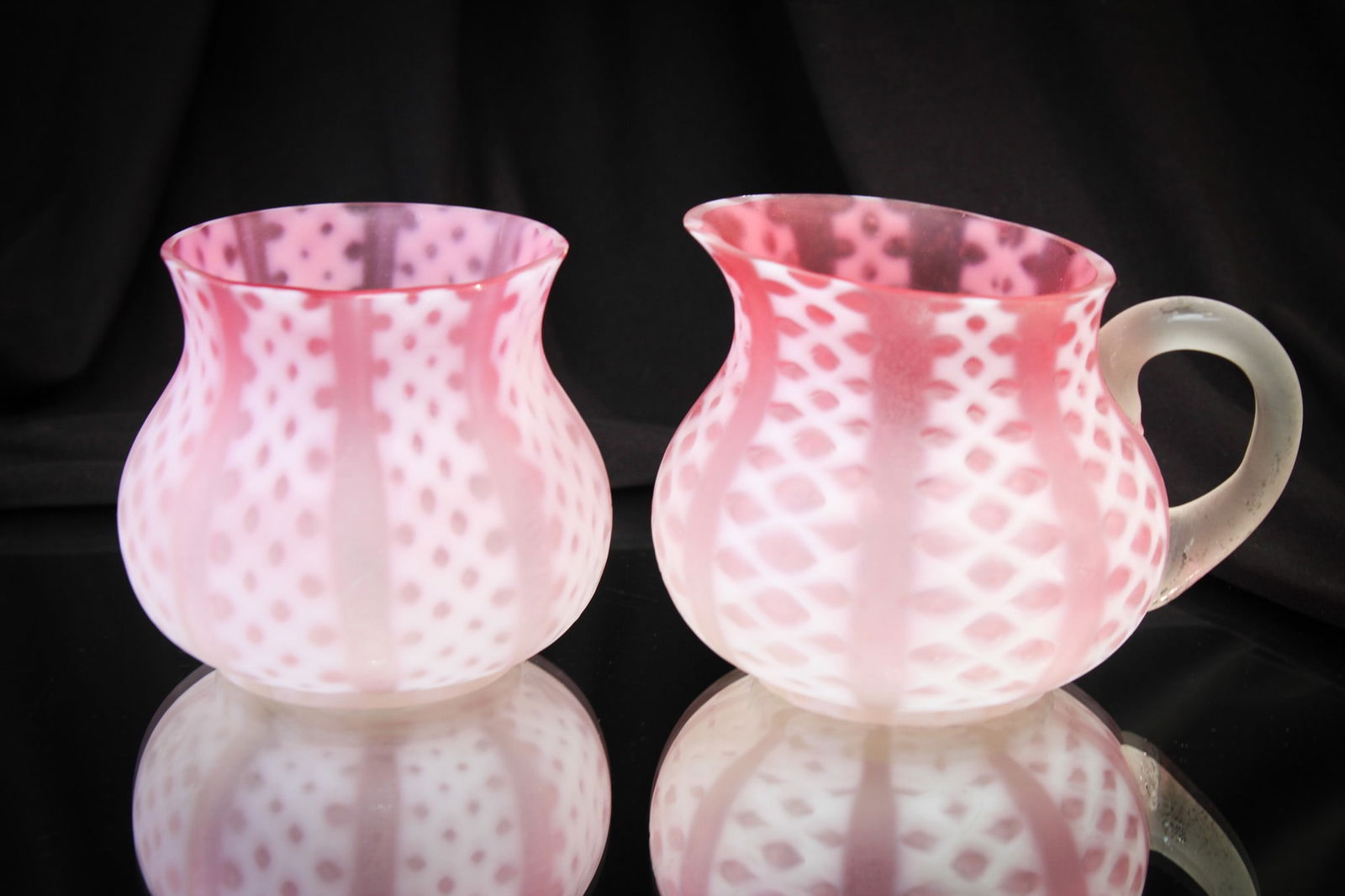 Consolidated Criss Cross Rubina Opalescent Glass: Seldom found, here is the creamer and the spooner in rubina opalescent glass with rich satin finish in the "Criss Cross" pattern. Go find them!
