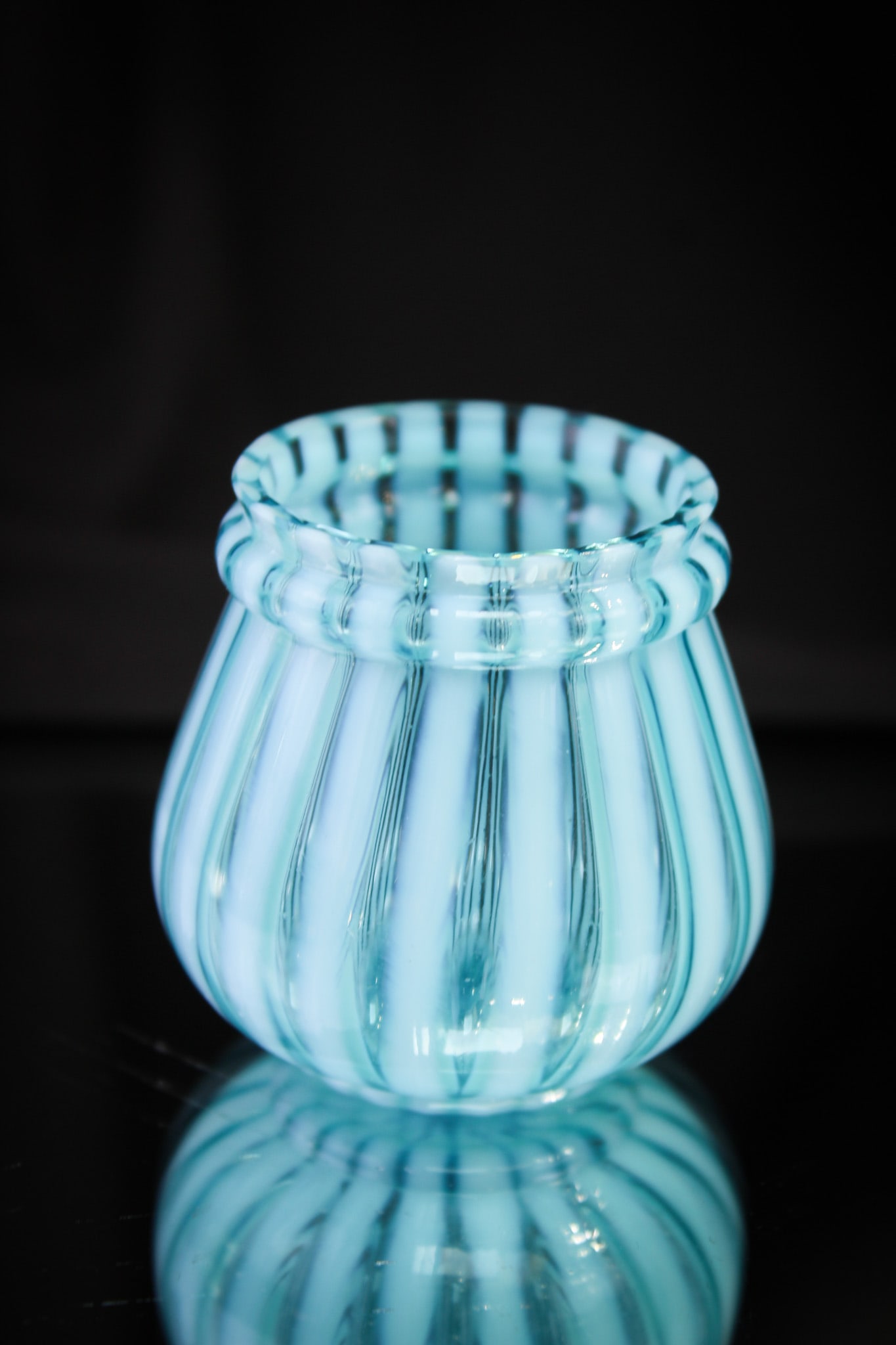 Scarce Northwood Blue Opalescent Ring Neck Stripe Toothpick Holder: A toughie here folks. Wonderful vivid blue with opalescent stripes makes up this beauty of a Victorian toothpick holder.