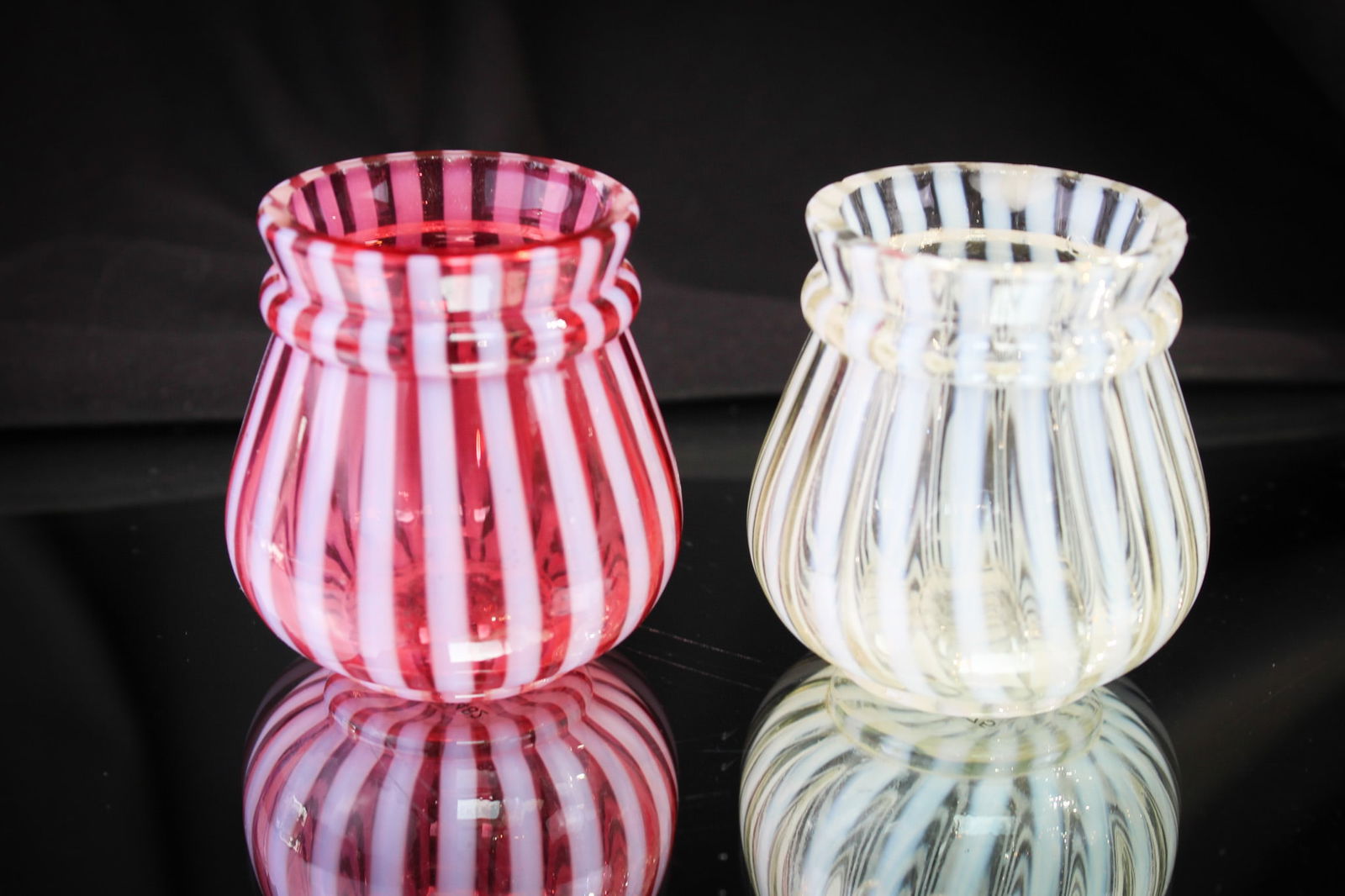 2 pc Lot Opalescent Ring Neck Stripe Toothpick Holders: Nice pairing of two lovely Victorian toothpick holders both in the "Ring Neck Stripe" pattern. One in crystal and the other in cranberry.