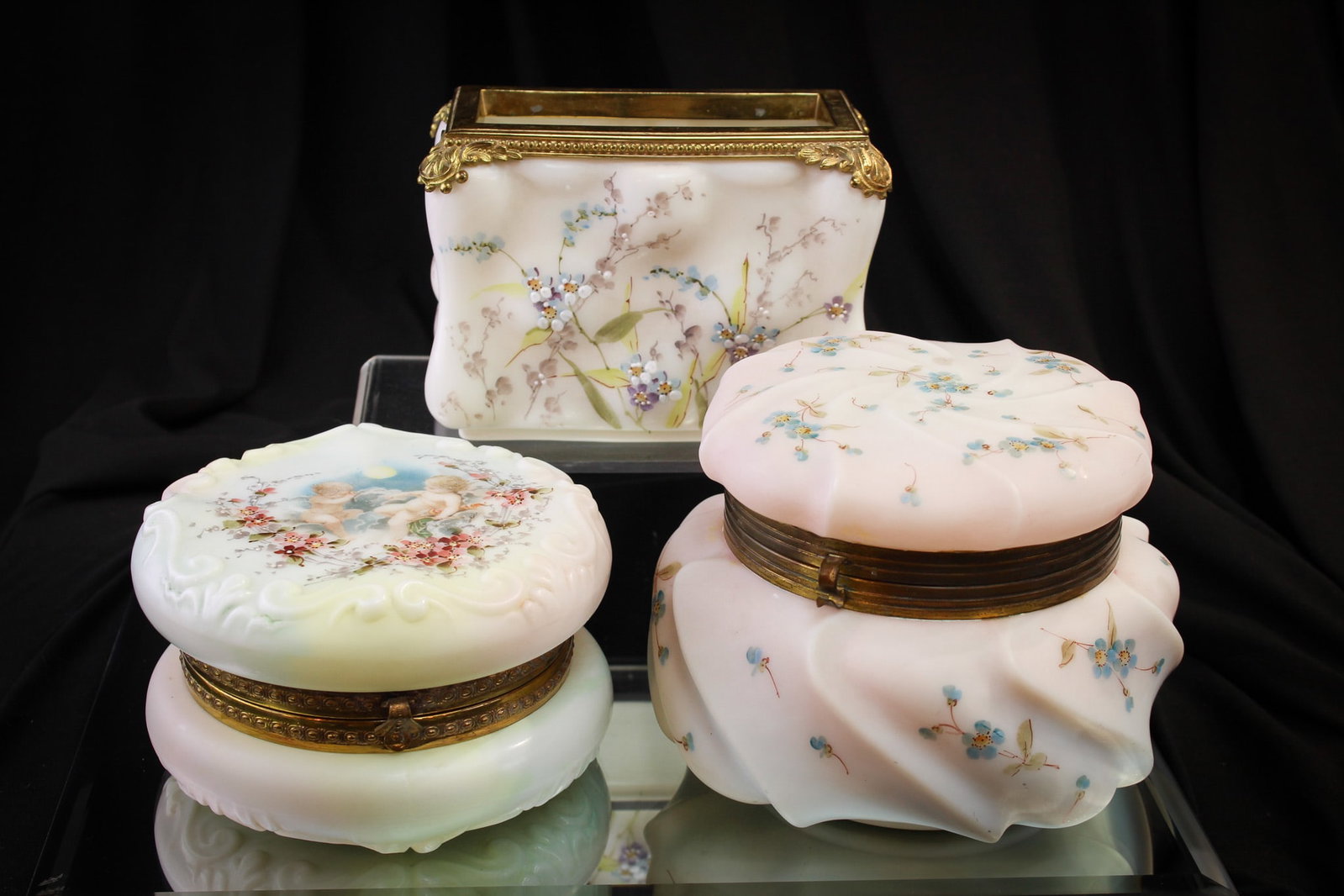3 pc Lot Wavecrest Glass Boxes & Letter Holder: Super compilation of three fine pieces of Wavecrest. Lot is comprised of two covered boxes and a letter holder. Each uniquely decorated.