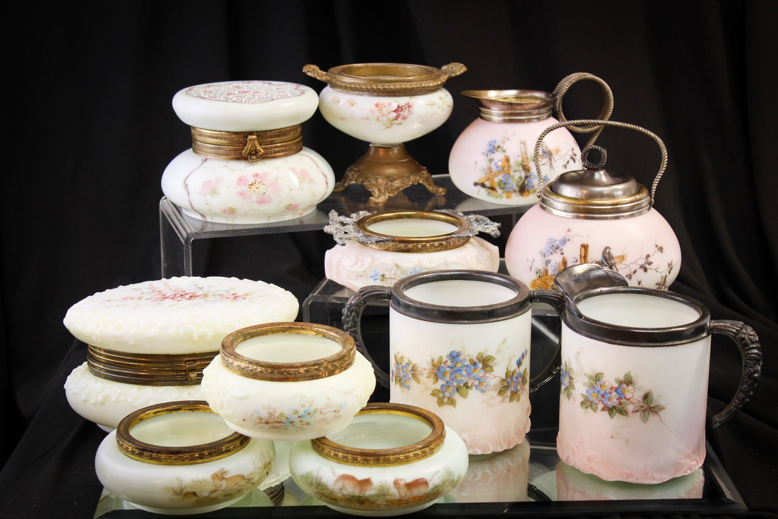 11 pc Lot Wavecrest Victorian Glass Pleasure: Splendid lot of eleven pieces of Wavecrest in assorted forms. Lot is comprised of two cream & sugar sets, 4 trinket/pin dishes, 2 boxes, and a footed ring dish. Each sure to please.