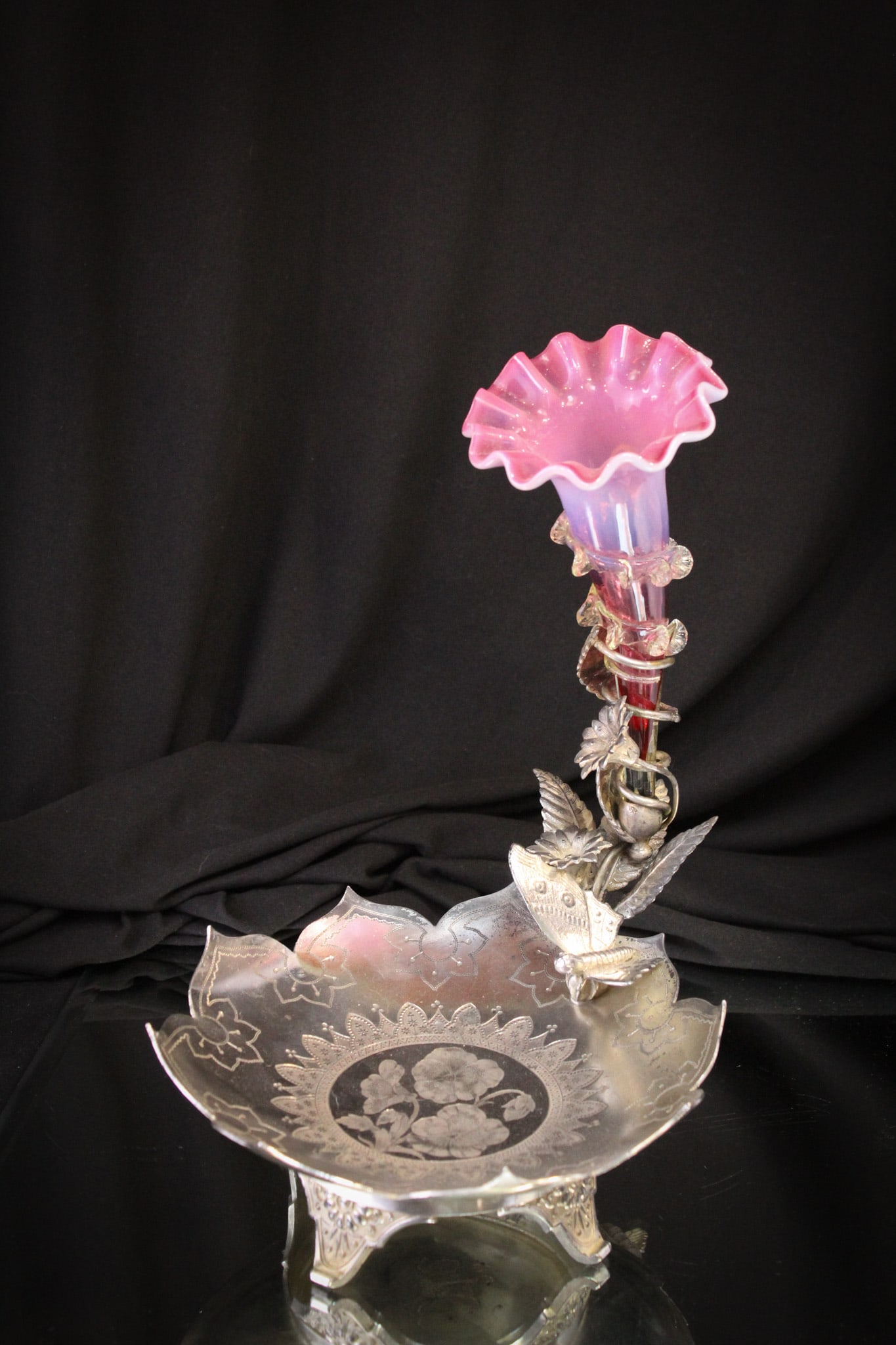 Simpson Hall Miller Butterfly Silverplate Cranberry Calling Card Tray: Such a Victorian classic in form and use. This lovely signed "Simpson, Hall & Miller" silverplate Victorian calling card tray is embellished with flowers and figural resting butterfly that embraces a