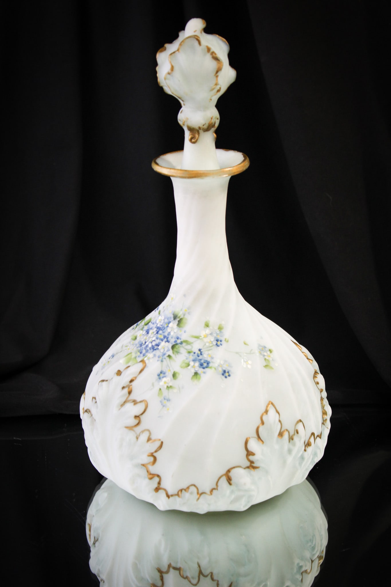 Mt. Washington Victorian Glass Cologne Bottle: Fabulous decorated Mt. Washington Victorian glass cologne or vanity bottle with a profusion of delicate blue florals. Nice!
