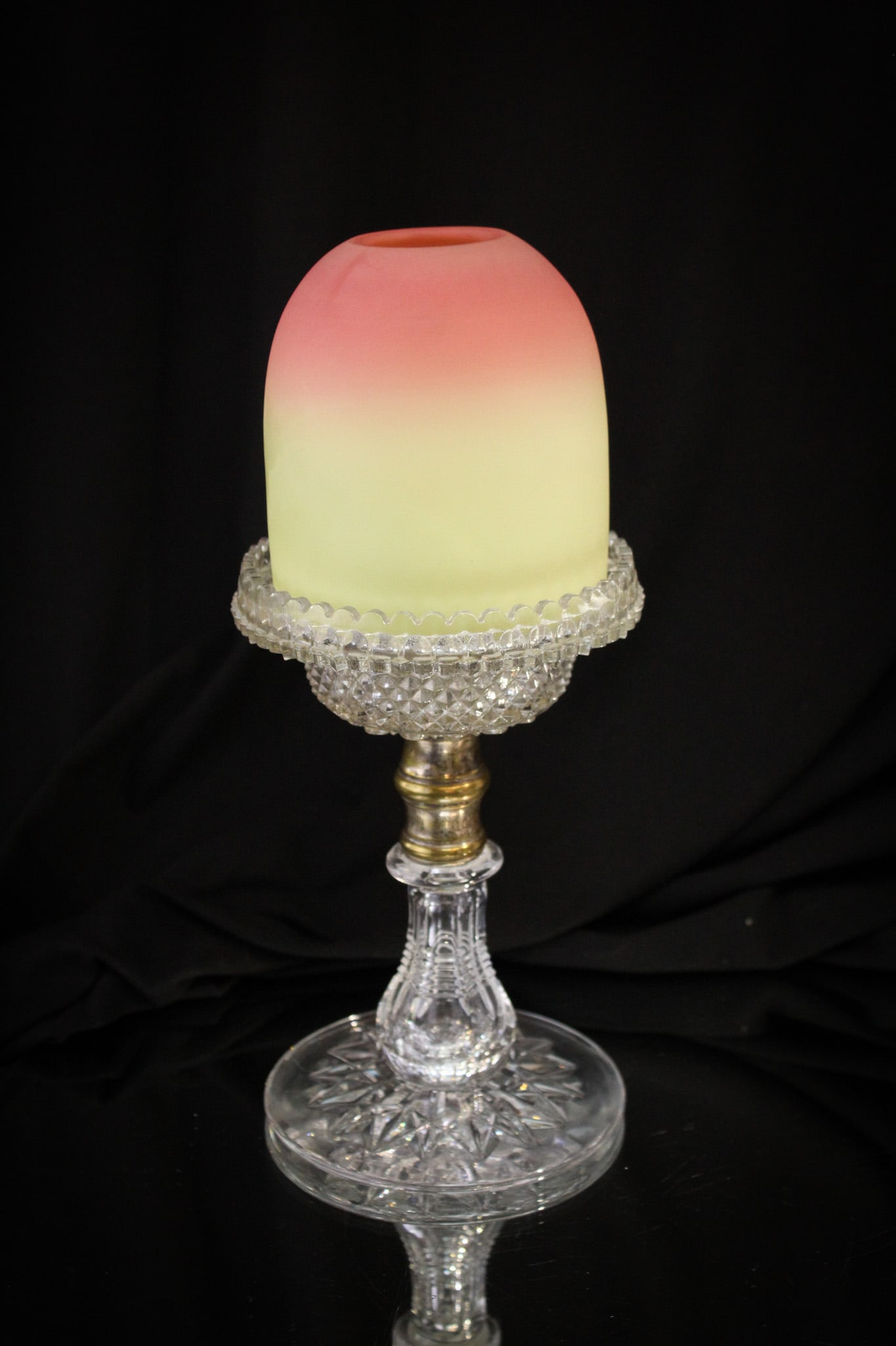 Webb Burmese Pedestal Victorian Fairy Lamp: Great Webb burmese glass Victorian fairy lamp with cut crystal base and original signed "Clarke's" insert.