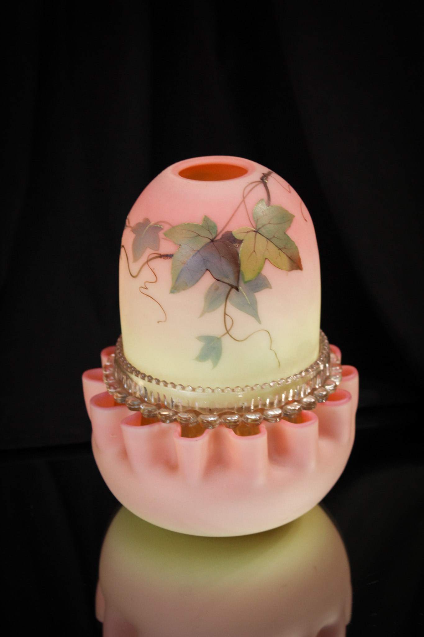 Signed Webb Burmese decorated Victorian Glass Fairy lamp: Wonderful Webb decorated burmese Victorian fairy lamp complete and signed along with signed "Clarke's" insert. Great piece!