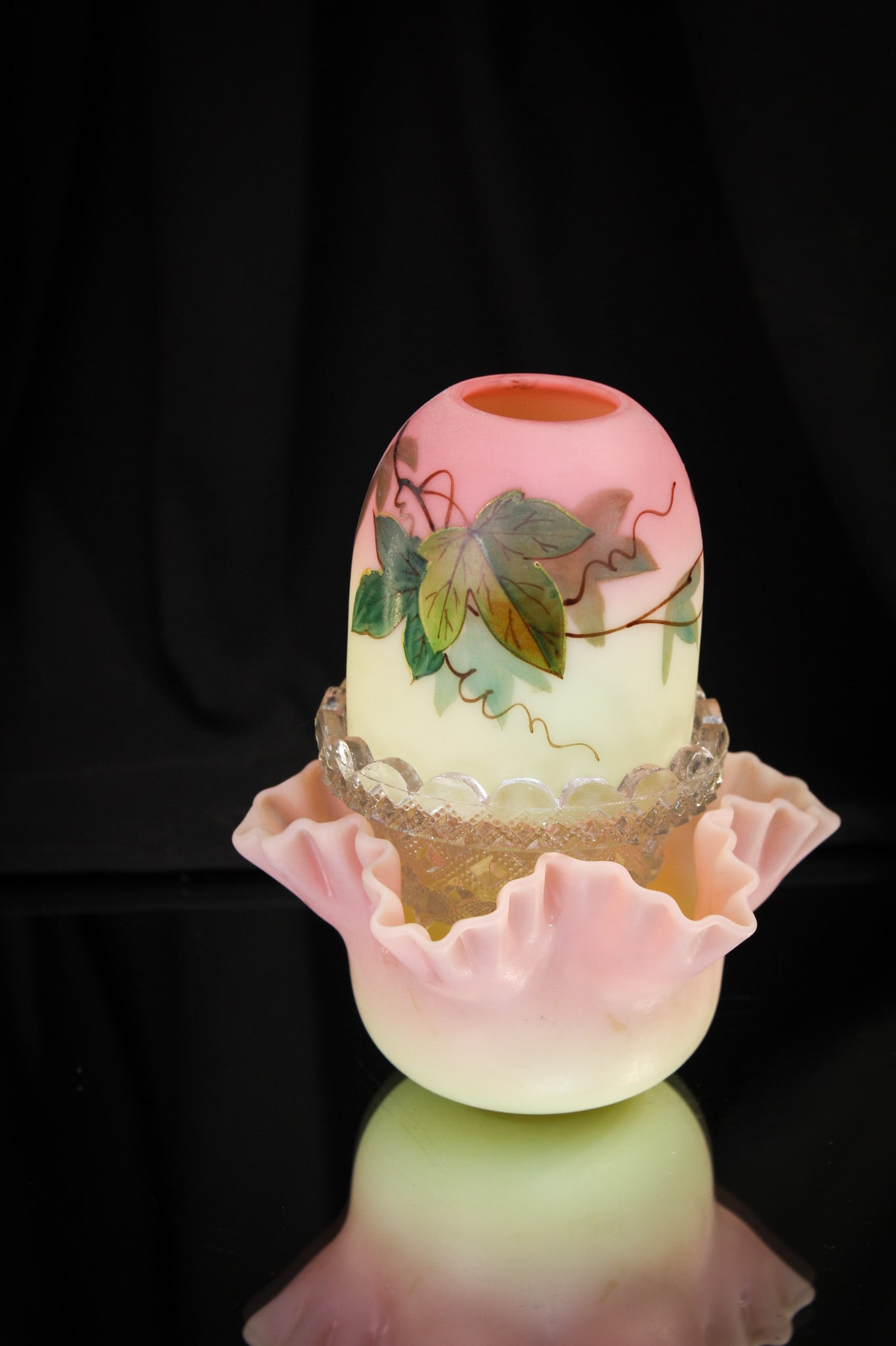 Webb Burmese decorated Victorian Glass Fairy Lamp Eden Insert: Webb decorated burmese fairy lamp complete with signed "Eden" insert. Nice example with English ivy decoration.