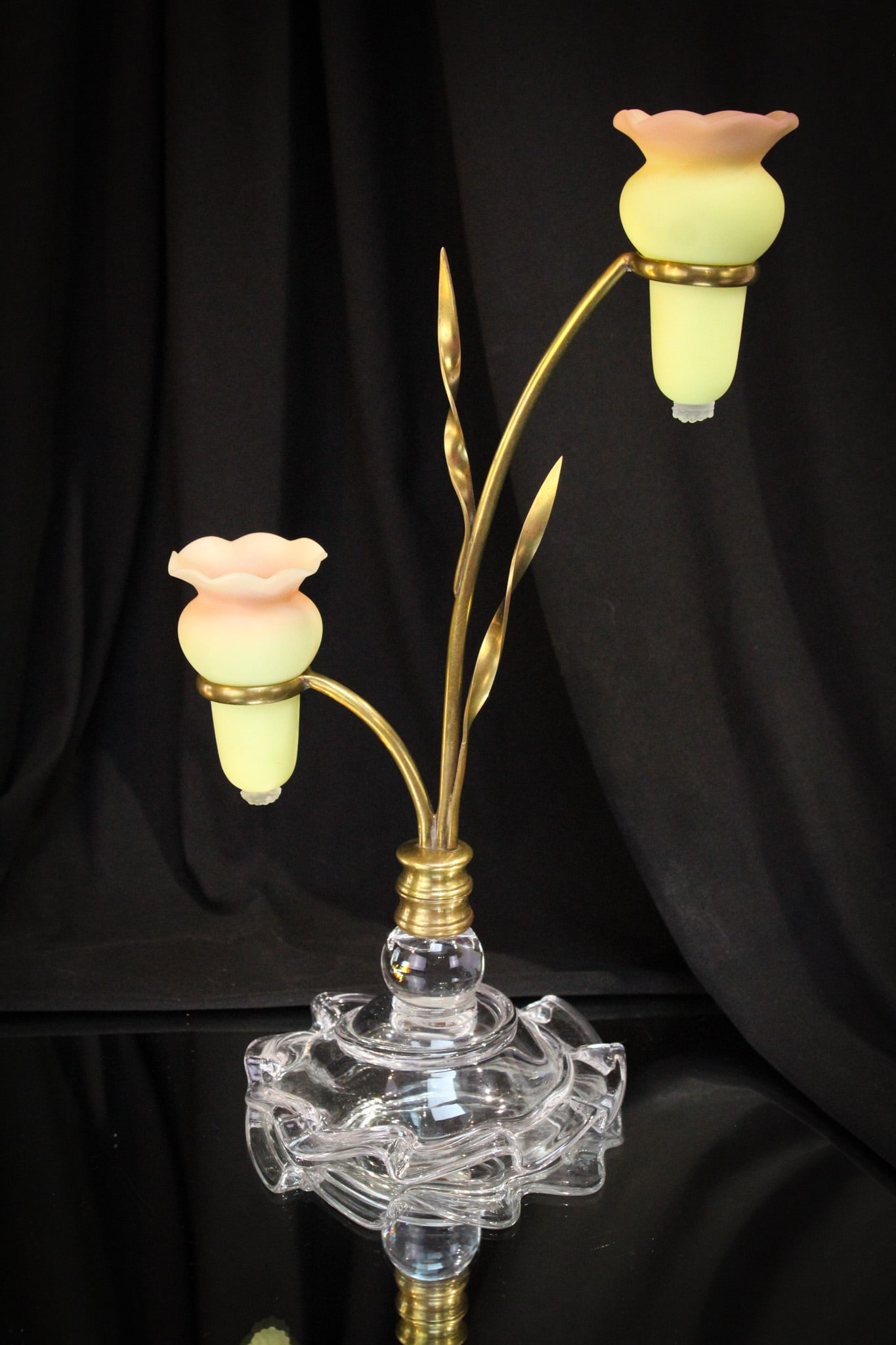 Signed Thomas Webb Burmese Victorian Glass Whimsy Epergne: So typically Victorian, this is a Webb burmese double bud vase epergne with brass stem and clear base. Signed "Thomas Webb"