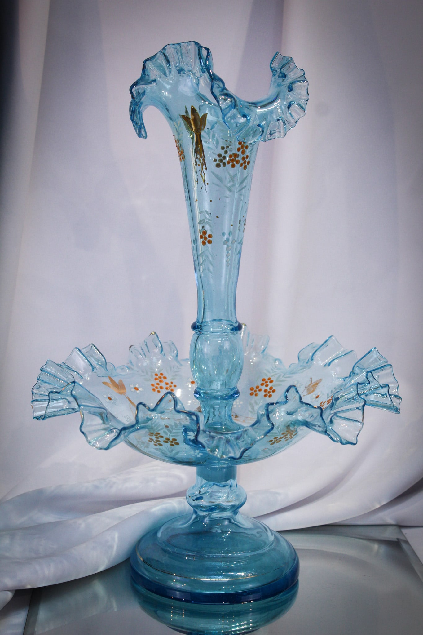 Victorian Cadet Blue Glass Epergne: Gorgeous Cadet blue Victorian glass two part epergne centerpiece featuring enameled decoration and highlights of gold.