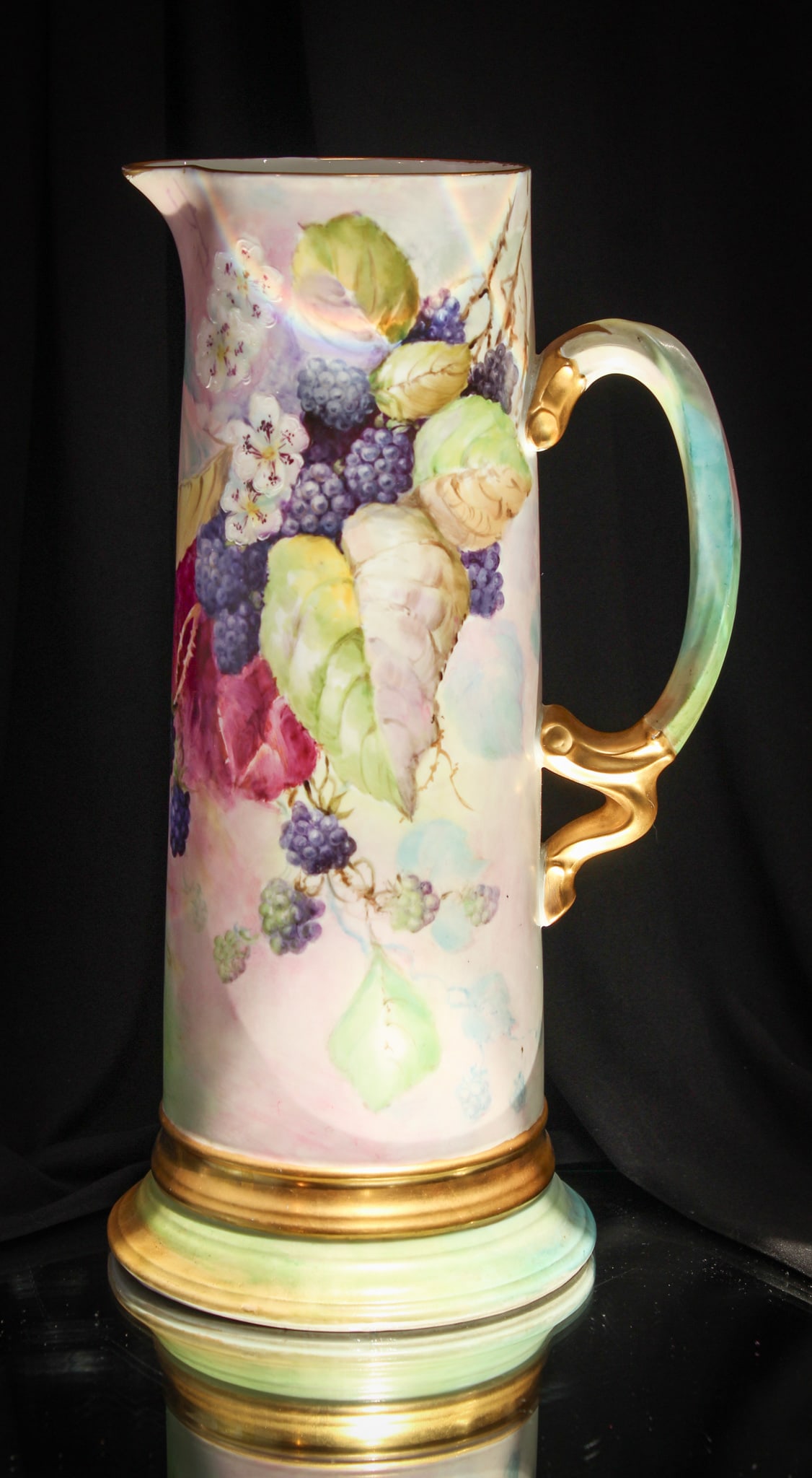 Limoges JPL Blackberries 13 1/2" Hand Painted Porcelain Tankard: Fantastic signed "JPL, France" Limoges tankard hand painted with blackberries and blossoms around. Exceptional example. Prominent piece for your collection.