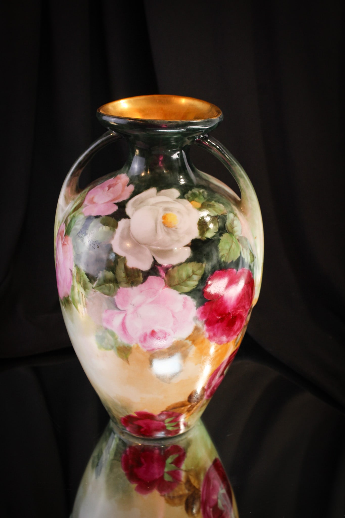 Limoges Hand Painted Porcelain Rose Vase: Everything's coming up roses in this lovely vase. Big beautiful cabbage roses and lots of gold adorn this honey of a hand painted Limoges porcelain vase.