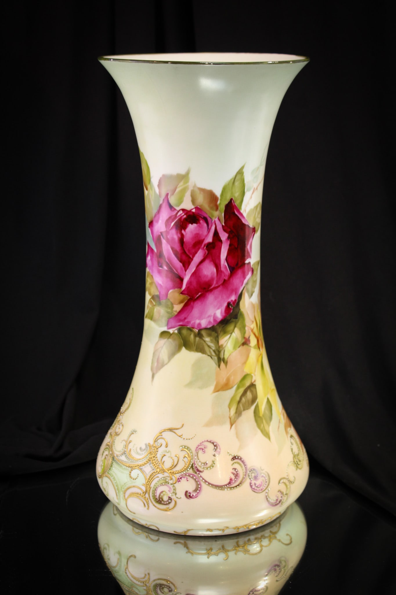D & Co. France Limoges Hand Painted Roses 13 1/2" Vase: Gorgeous and big for all of you size queens. This vase stands 13 1/2" tall. Signed as shown. Big garden fresh red roses encircle this lovely.