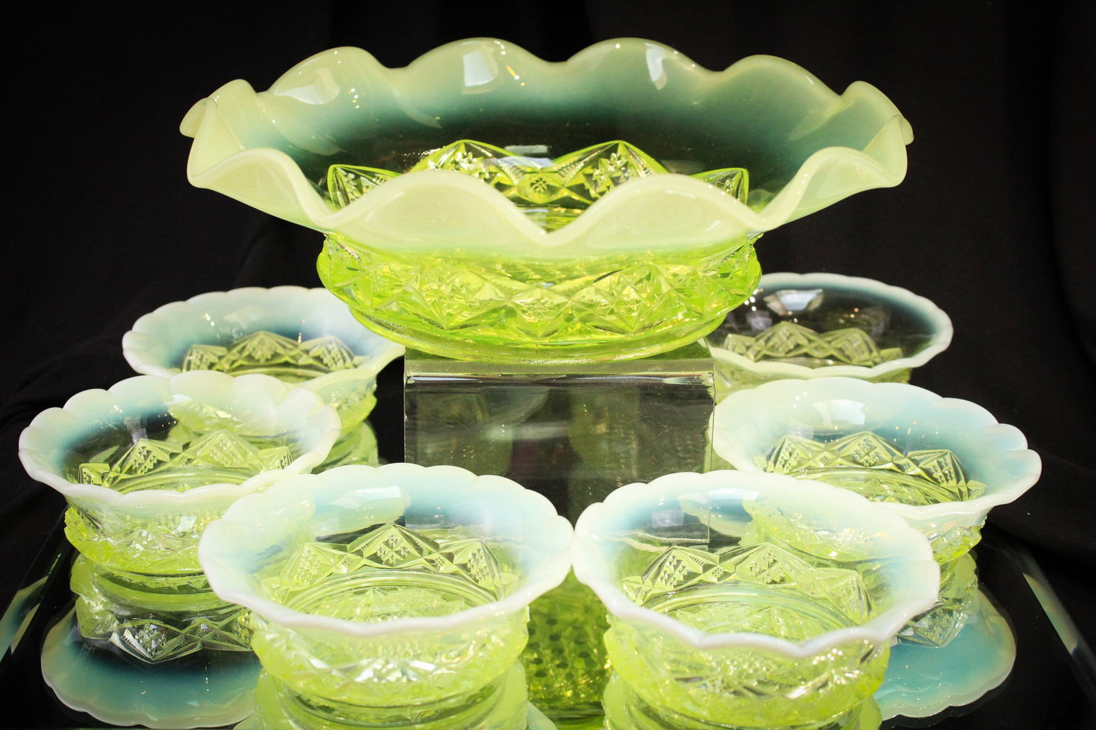 7 pc Lot Victorian Vaseline Opalescent Diamond Spearhead Berry Set: Seldom found this nice, we are offering a complete seven piece berry set in the "Diamond Spearhead" pattern. Master bowl and six individual beries make up the set. Largest measures 3" tall by 9 1/2" w