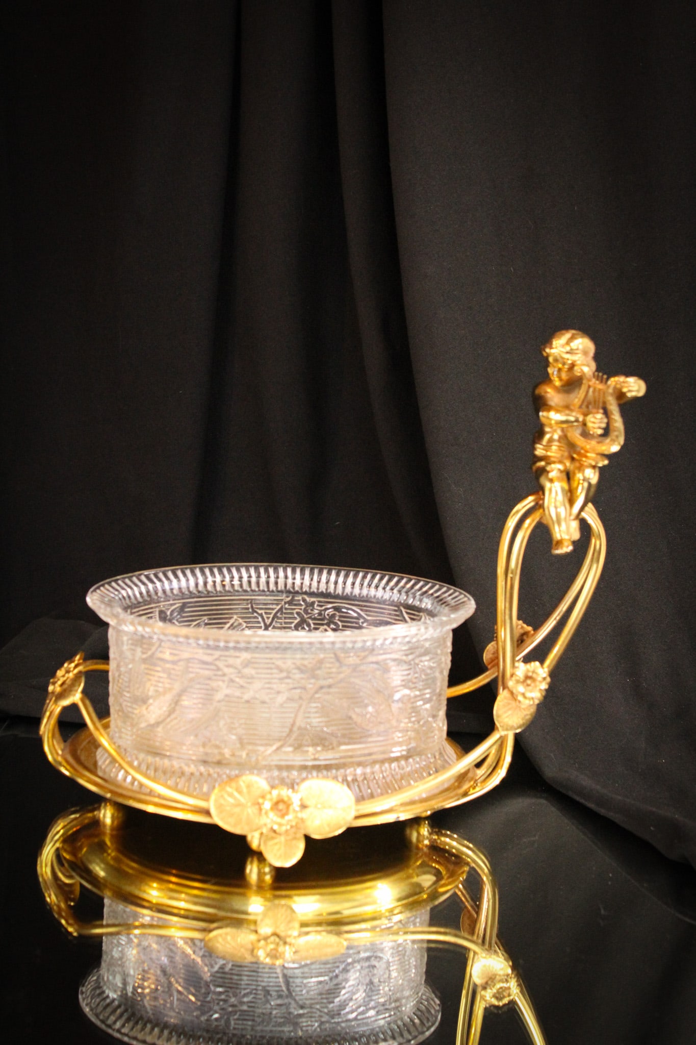 Reed & Barton Silverplate Victorian Glass Delight: Lovely signed "Reed & Barton" silverplate holder with an associated pressed pattern glass insert. Insert does not appear to fit properly. Measures 8 1/2" by 9 1/2".
