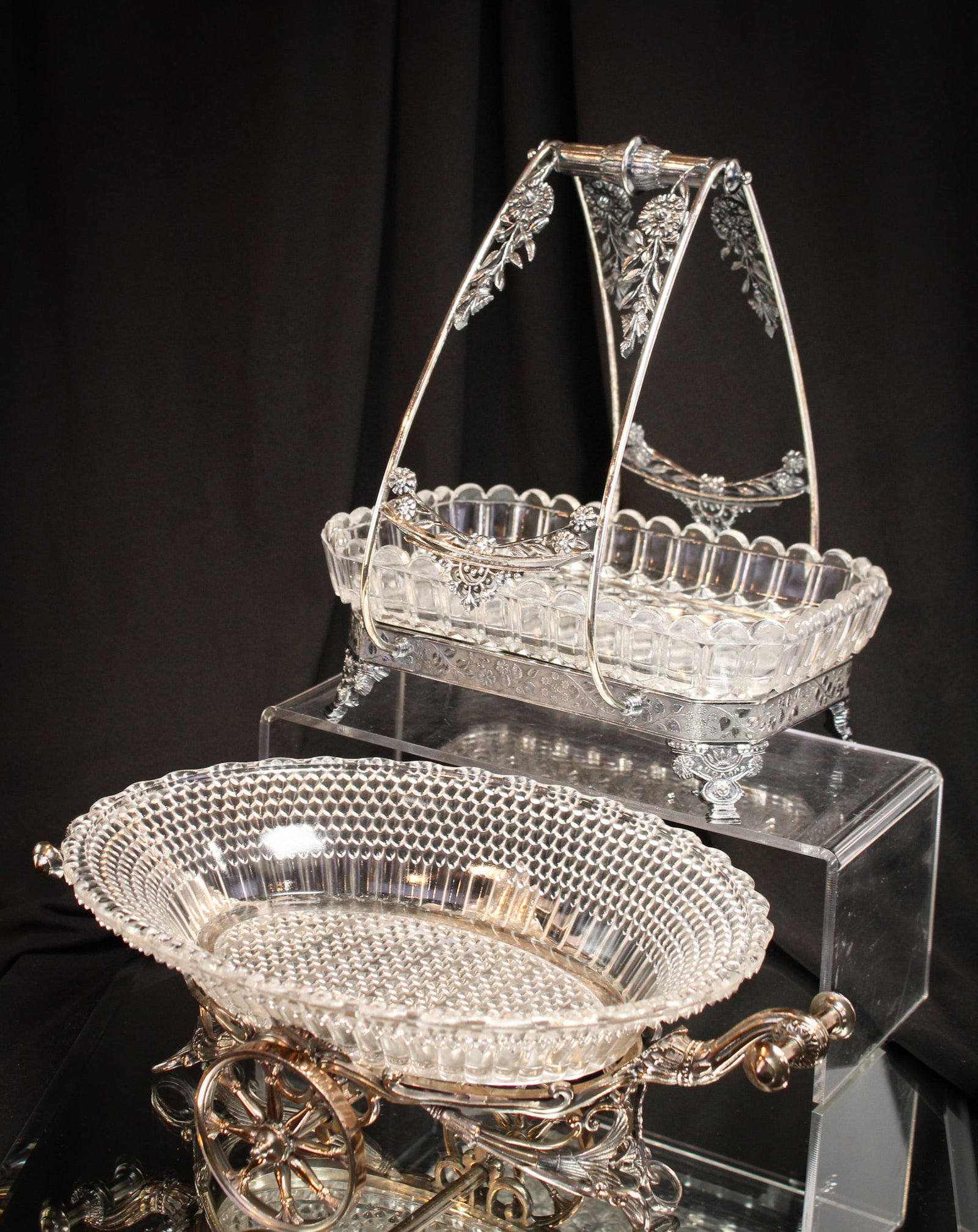 2 pc Lot Victoriana in Glass & Meriden Simpson Miller Silverplate: Two select pieces of Victoriana in glass and silverplate. One holder is signed "Meriden." The other is signed "Simpson, Hall, and Miller." Beautiful pieces sure to be a welcome addition to your collec