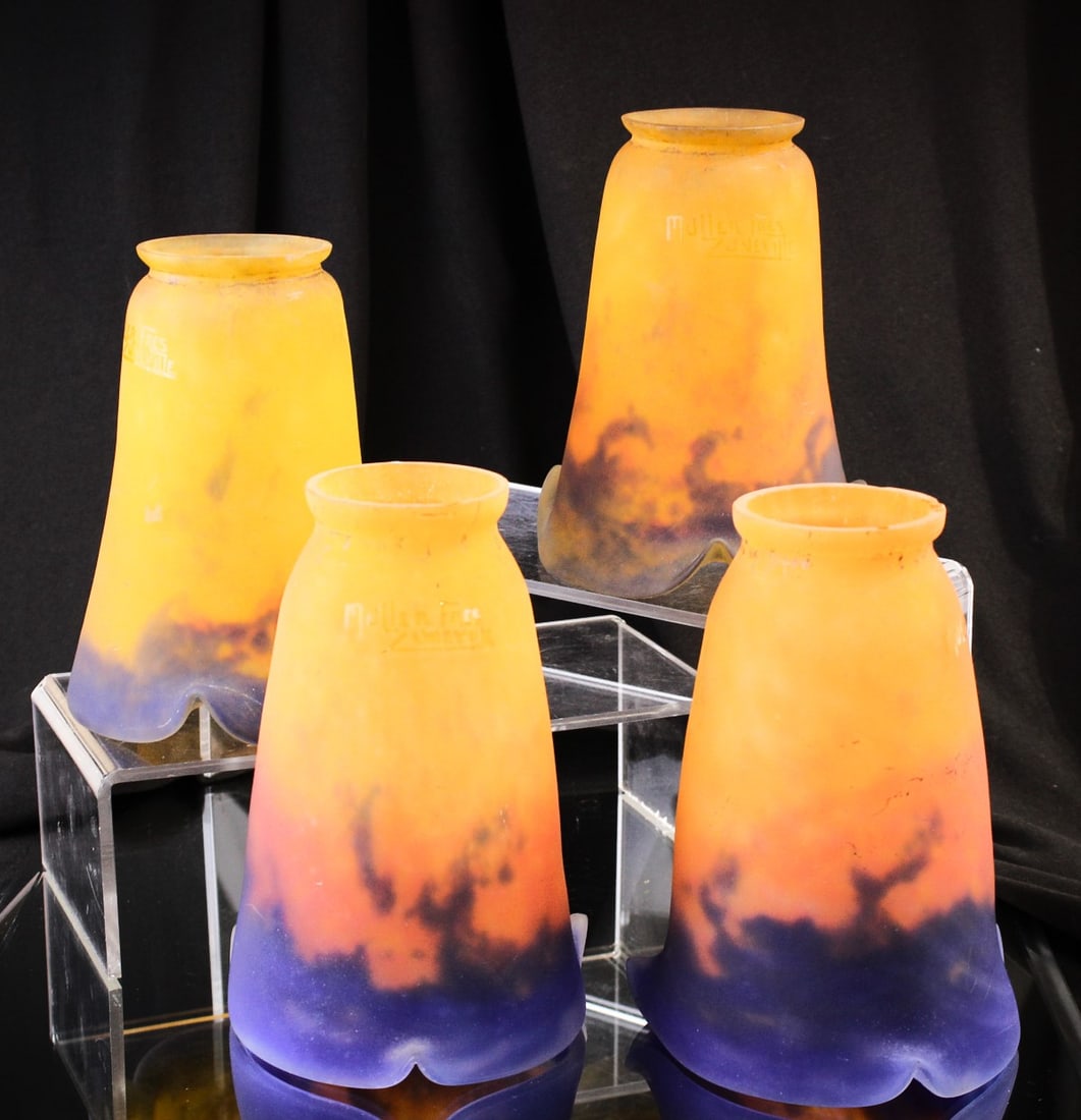 4 pc Lot Muller Freres Luneville Art Glass Shades: Wonderful set of Muller Freres Luneville art glass shades. Each shades has a 2 1/8" fitter rim and stands 6" tall.
