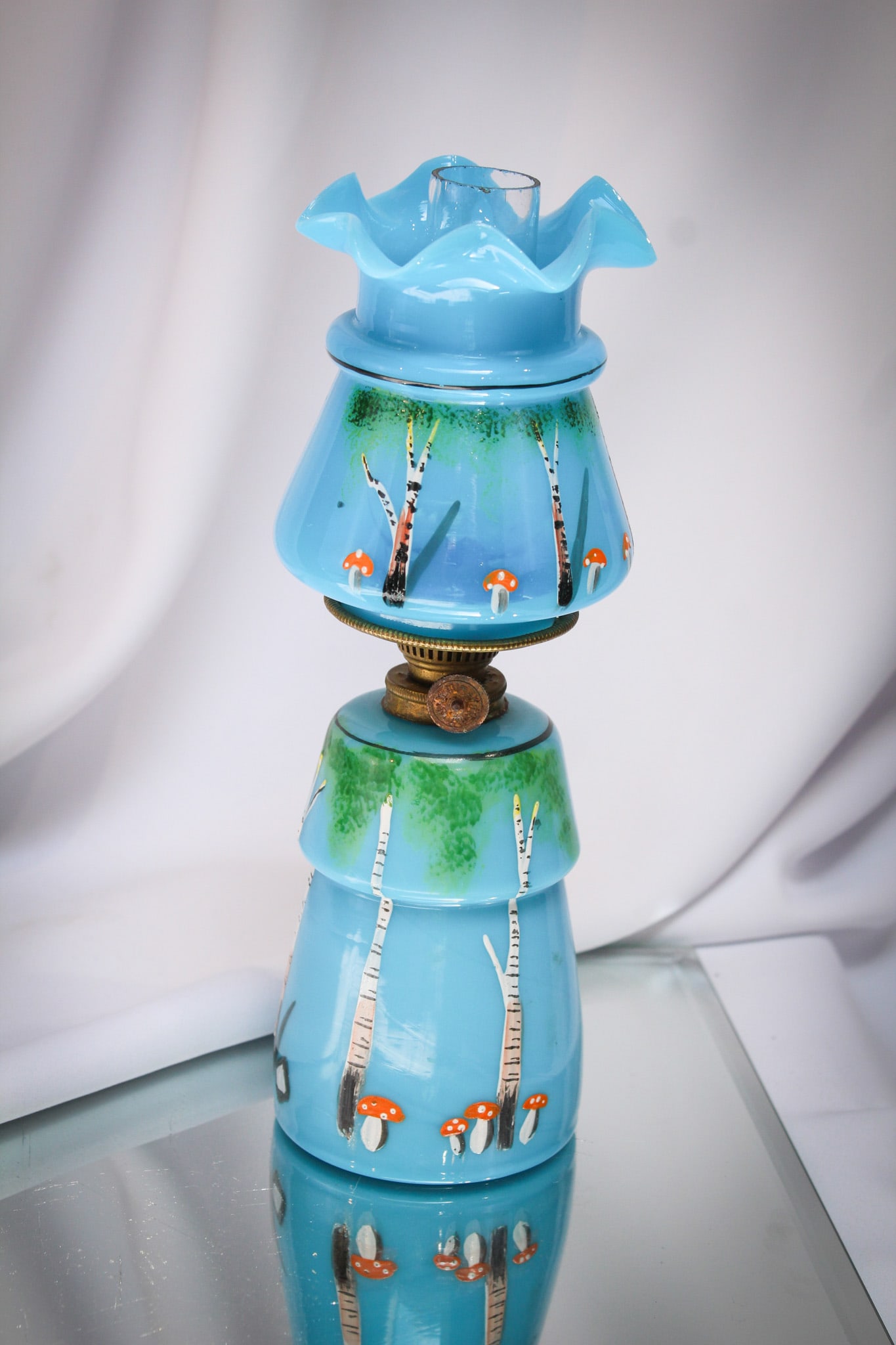 Blue Opaline Victorian Mushrooms & Trees Miniature Oil Lamp: Charming little blue opaline glass miniature oil lamp enameled with red mushrooms and birch trees. So cute!