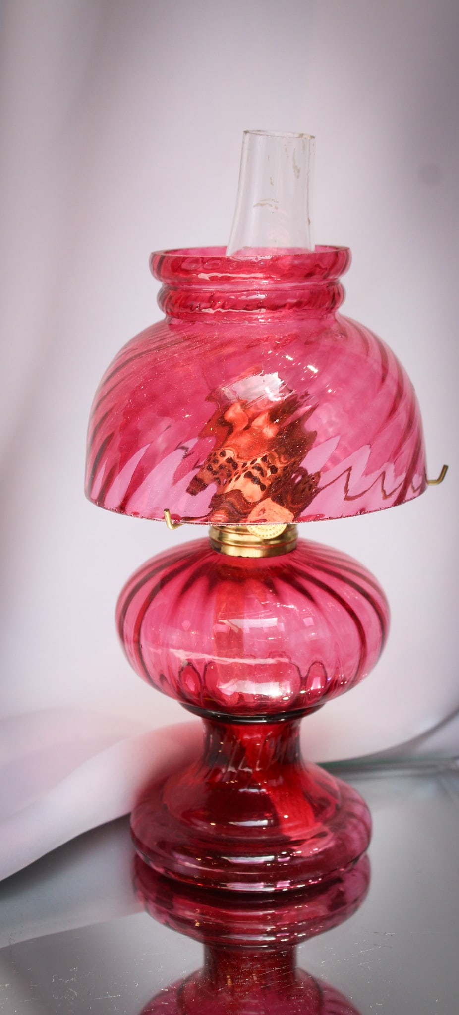 Fenton L G Wright Cranberry Miniature Oil Lamp: Sweet little Fenton/ L. G. Wright swirl pattern miniature oil lamp. Nice example.