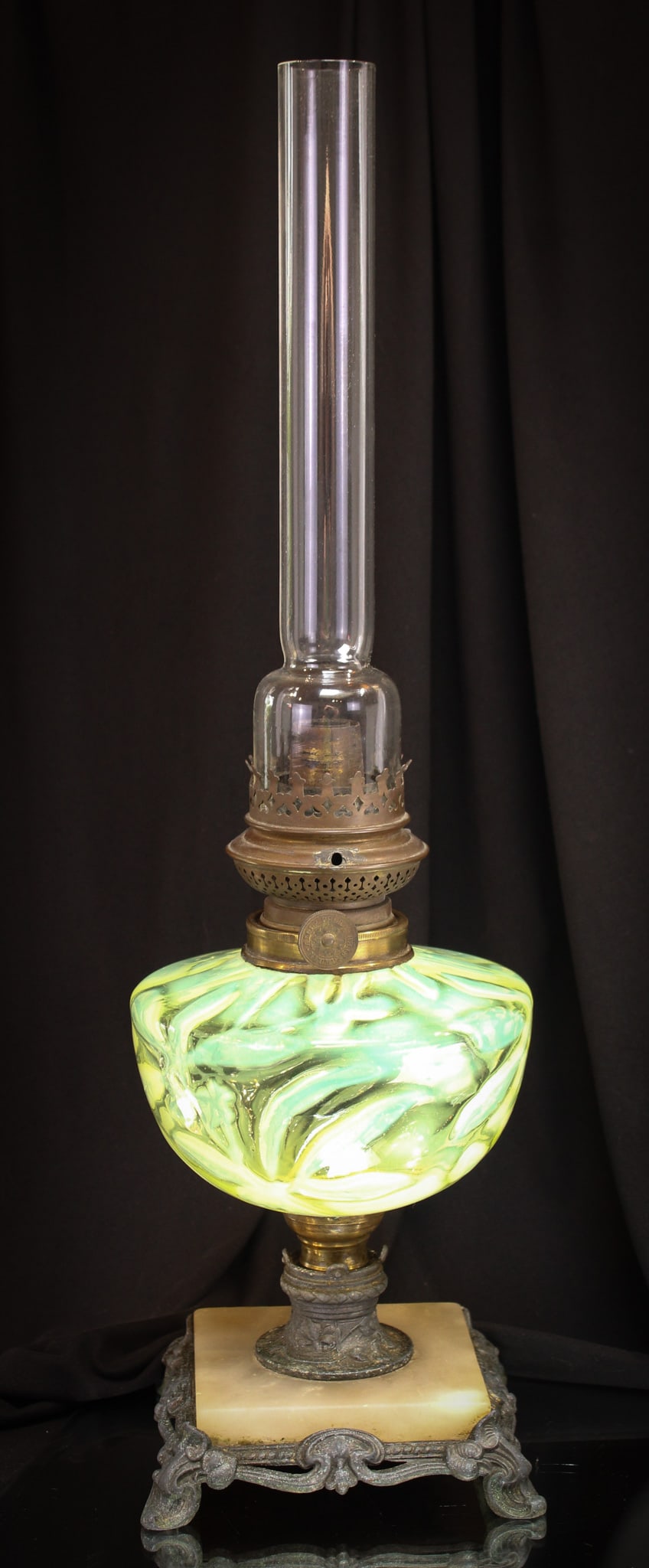 English Vaseline Opalescent Floral Victorian Oil Lamp: Wonderful Victorian English vaseline opalescent stand lamp with floral motif. Similar to the "Peruvian Chestnut #28 variant" pattern. Lamp is complete with original mounts and marble base. Nice!