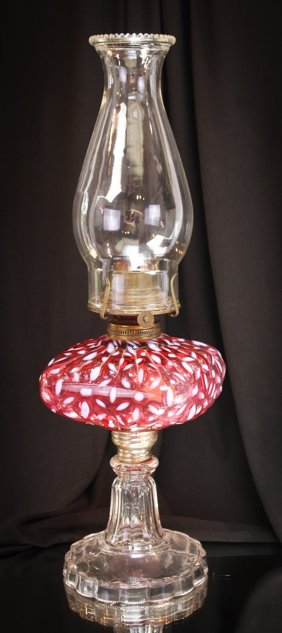 Hobb's Cranberry Opalescent Snowflake Victorian Oil Lamp: Hobb's Cranberry Opalescent "Snowflake" Victorian Oil Lamp. A super example right here in your midst!