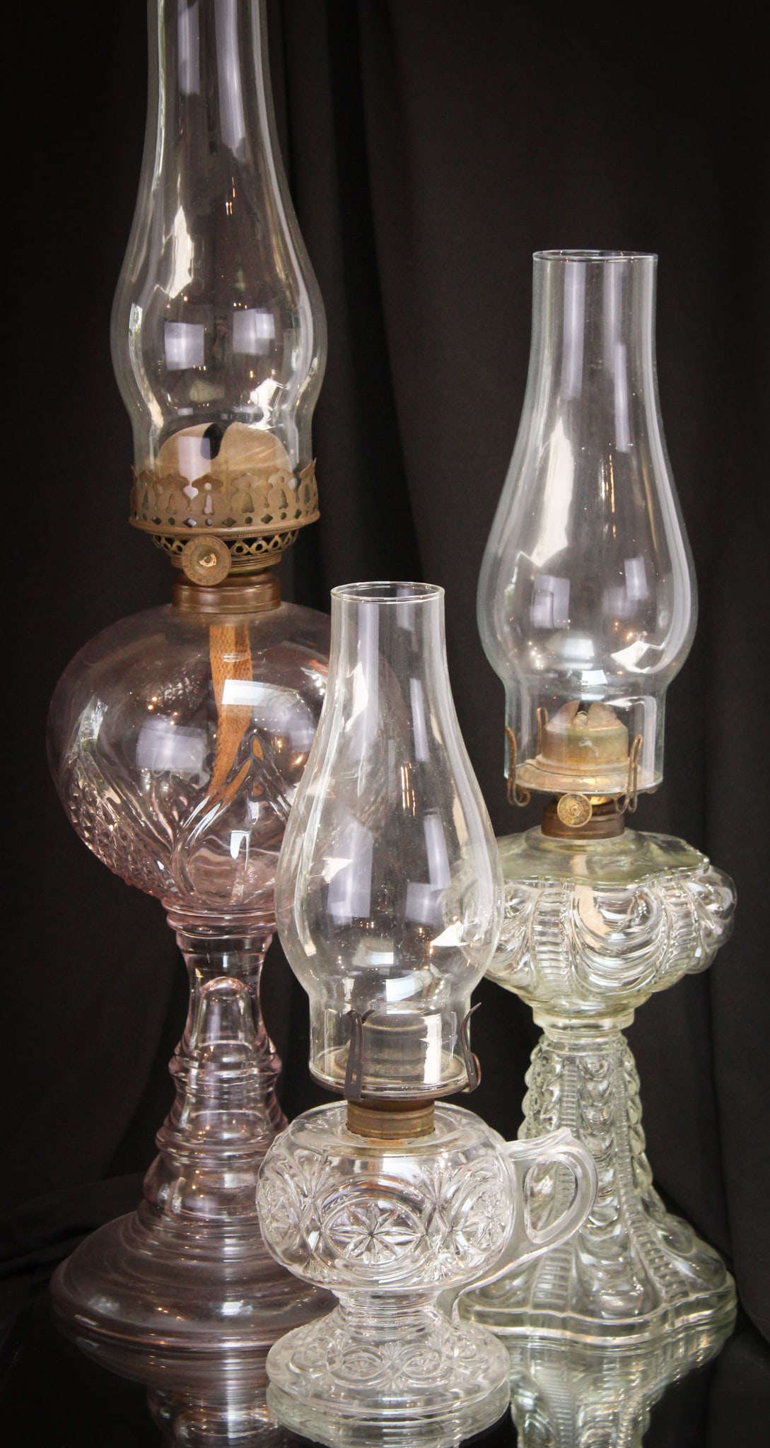 3 pc Lot Victorian Pattern Glass Oil Lamps: Select offeriing of three Victorian pattern glass oil lamps. All to go together. One as nice as the next.