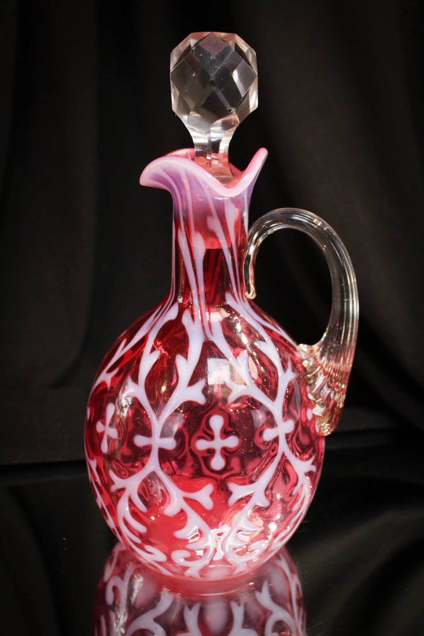 Northwood Cranberry Opalescent Spanish Lace Victorian Cruet: Fine example of a cranberry "Spanish Lace" pattern opalescent Victorian cruet. Strong color and opalescence. Nice!