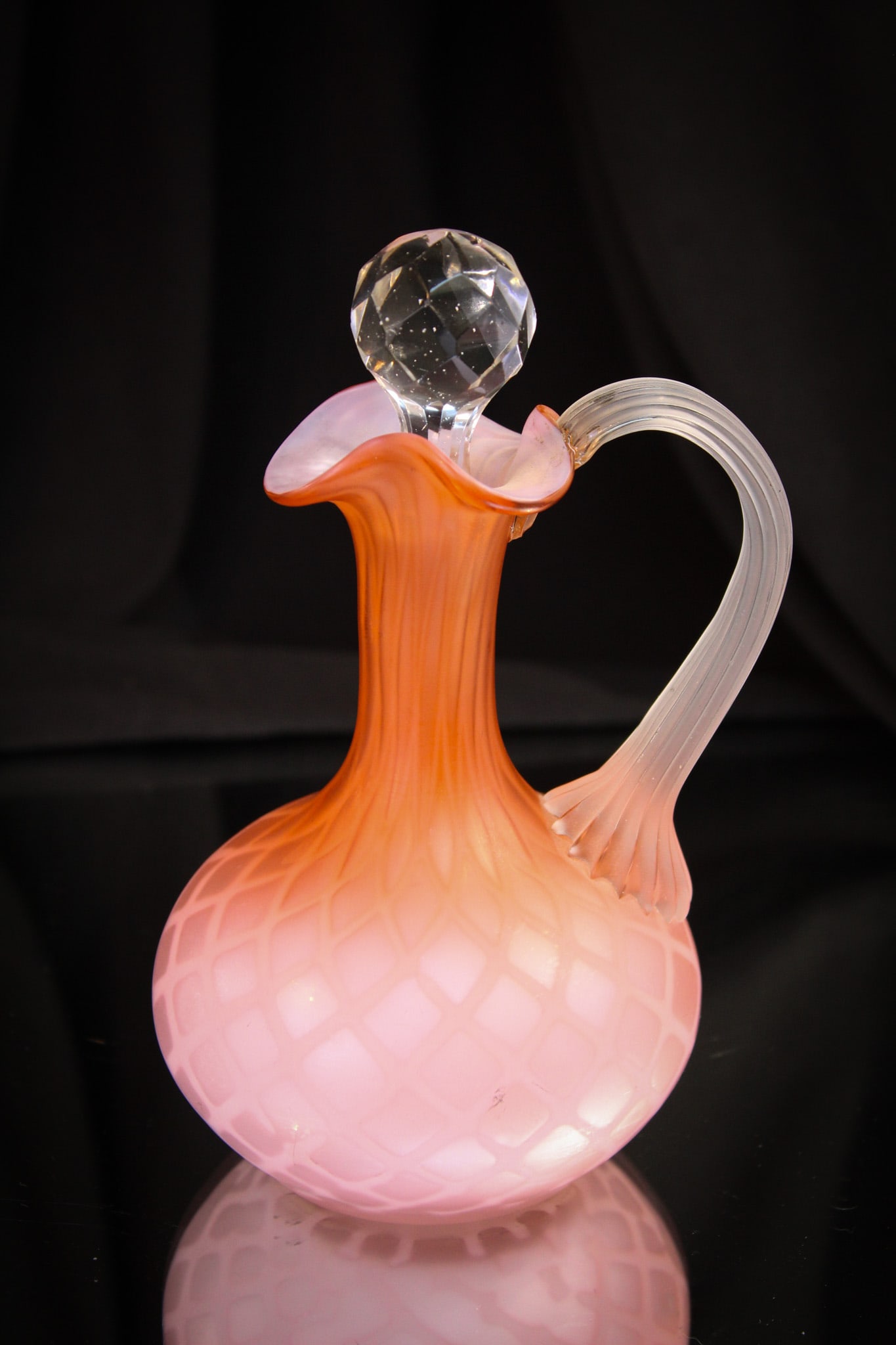 Salmon Diamond Quilt Mother of Pearl Satin Glass Victorian Cruet: Super example and so hard to find. This lovely cruet is a pinky peach salmon color in satin diamond quilt mother of pearl glass. Beautiful.