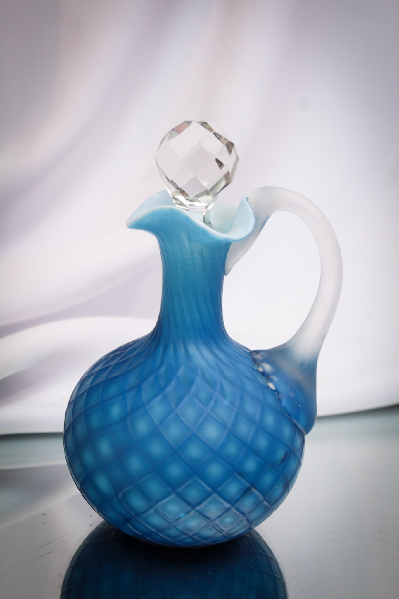 Deep Blue Phoenix Glass Cut Velvet Victorian Cruet: Gorgeous deep blue diamond quilt cut velvet Victorian glass cruet. The color is deep midnight blue and so exquisite. A gorgeous example to say the least.