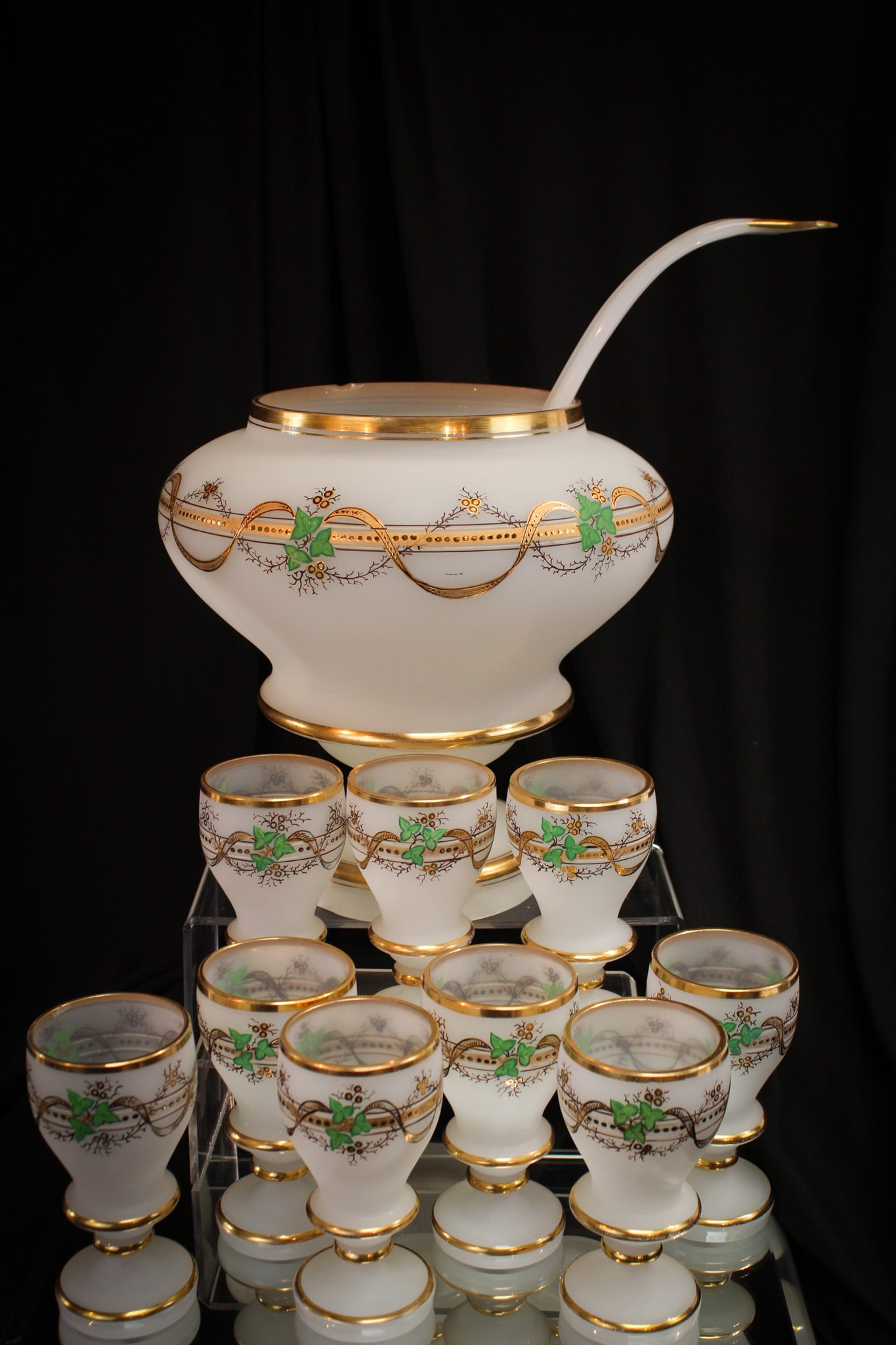 11 pc Lot Victorian Gilt Opaline Glass Punch set: Beautiful Victorian Opaline punch set with gilt and enameled decoration. Set is comprised of 11 pieces in all.