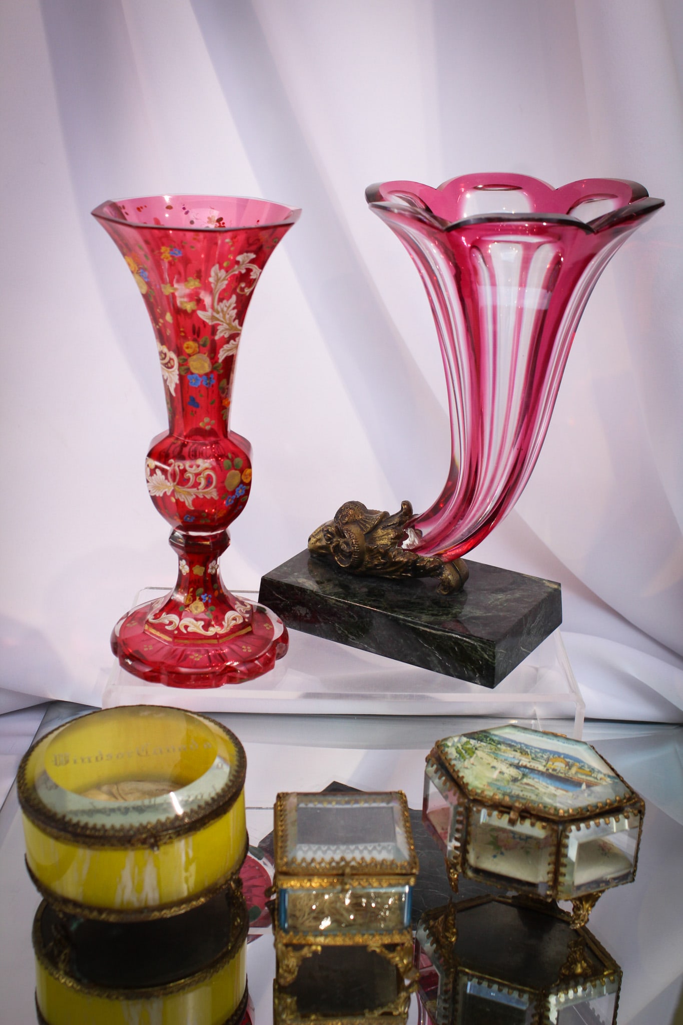 5 Pc Lot Victorian Cranberry & More incl. Jewel Caskets: Superb grouping of five pieces of Victorian pleasure to include a Bohemian enameled vase, a cornucopia shaped vase on marble base, and three glass jewelry caskets. Each unique.