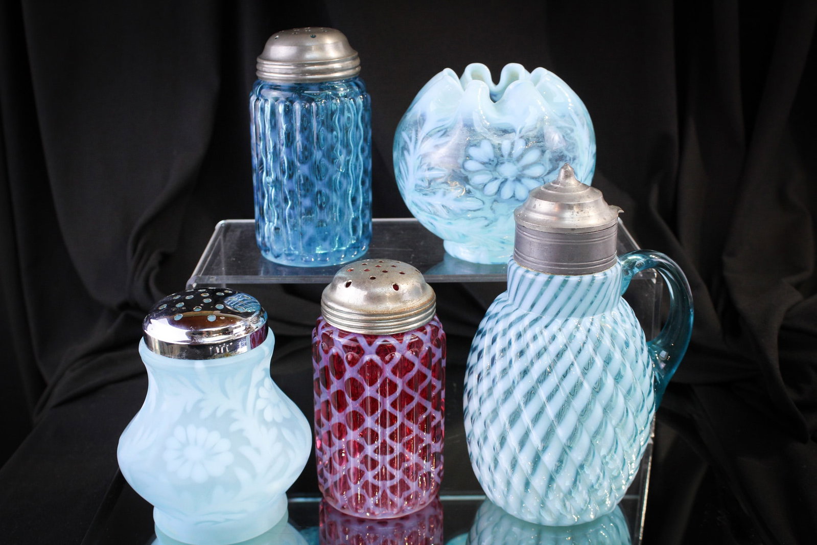 5 pc Lot Victorian & More Opalescent Glass Sugar Shakers Syrup Rosebowl: Select offering of five wonderful Victorian glass pieces. Three sugar shakers. Two are Northwood. One is Fenton for L. G. Wright. A Northwood rosebowl, and a Buckeye "Reverse Swirl" pattern syrup pitc