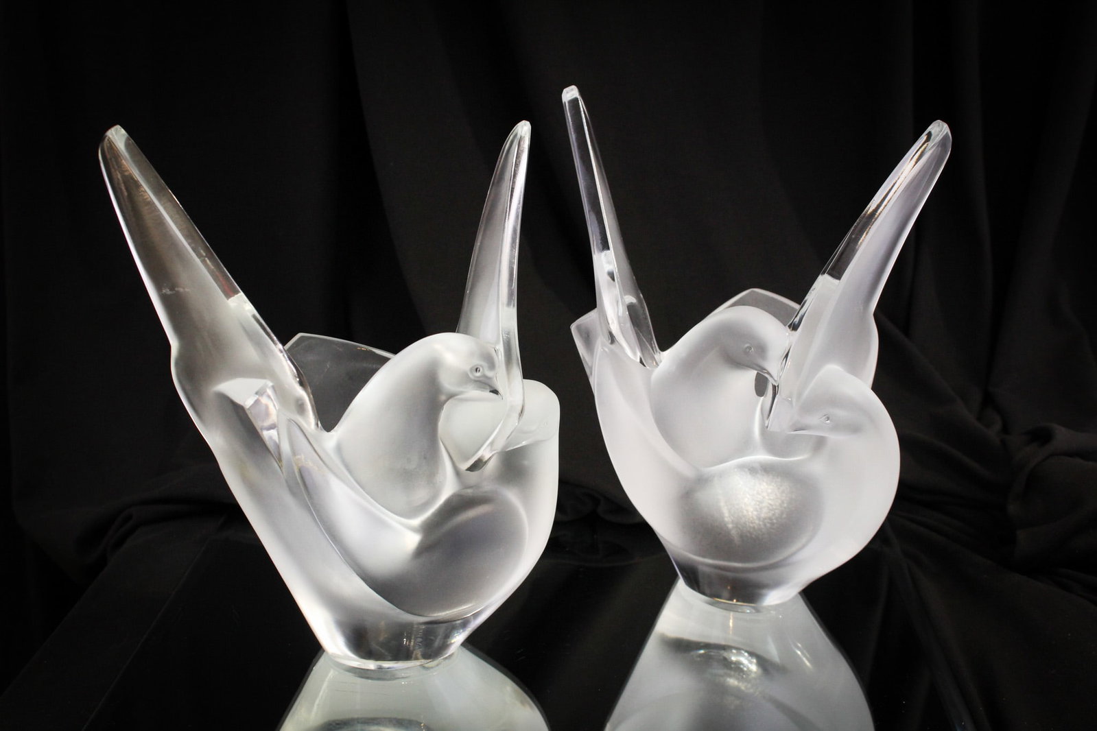 Pr. Lalique France Sylvie signed Dove Form Vases: Beautiful pair of Lalilque France "Sylvie" dove form crystal vases.