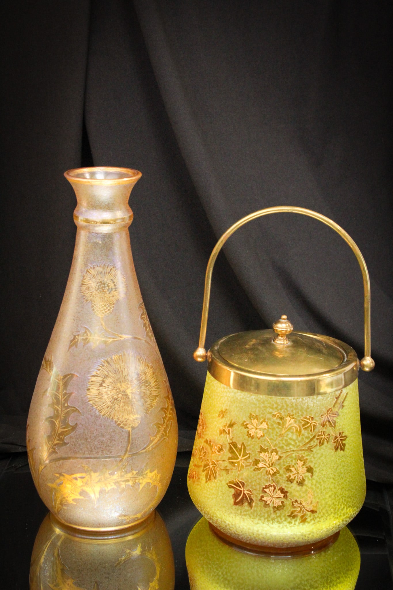 2 pc Lot St. Louis French Cameo Glass Biscuit Jar & Vase: We have paired together two fine pieces of St. Louis French cameo glass. An unsigned vase with thistle design with gilt highlights along with a biscuit jar that is signed.
