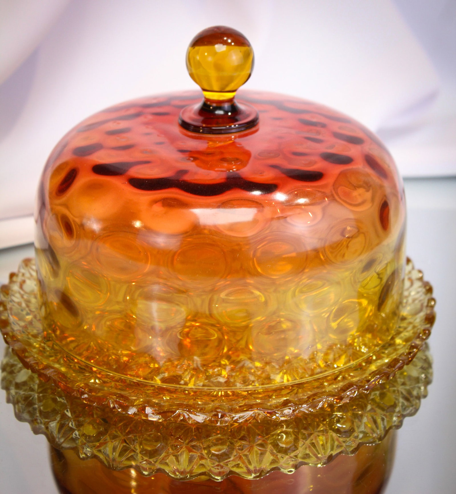 Hobb's Amberina Victorian Glass Cheese Dish: Great example of a Hobb's amberina covered cheese dish complete with amber daisy & button base plate.