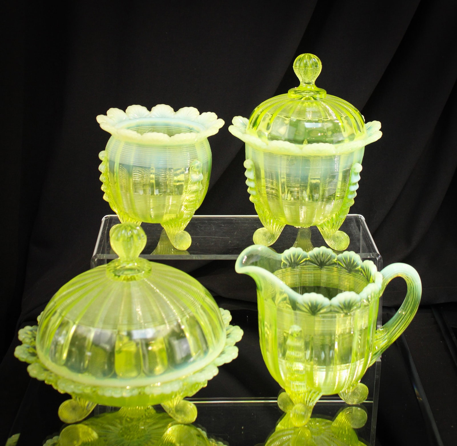 4 pc Northwood Vaseline Opalescent Klondyke Victorian Glass Table Set: Great example of the Northwood "Klondyke/Jackson" vaseline opalescent table set. Look at that color will ya? Nice!