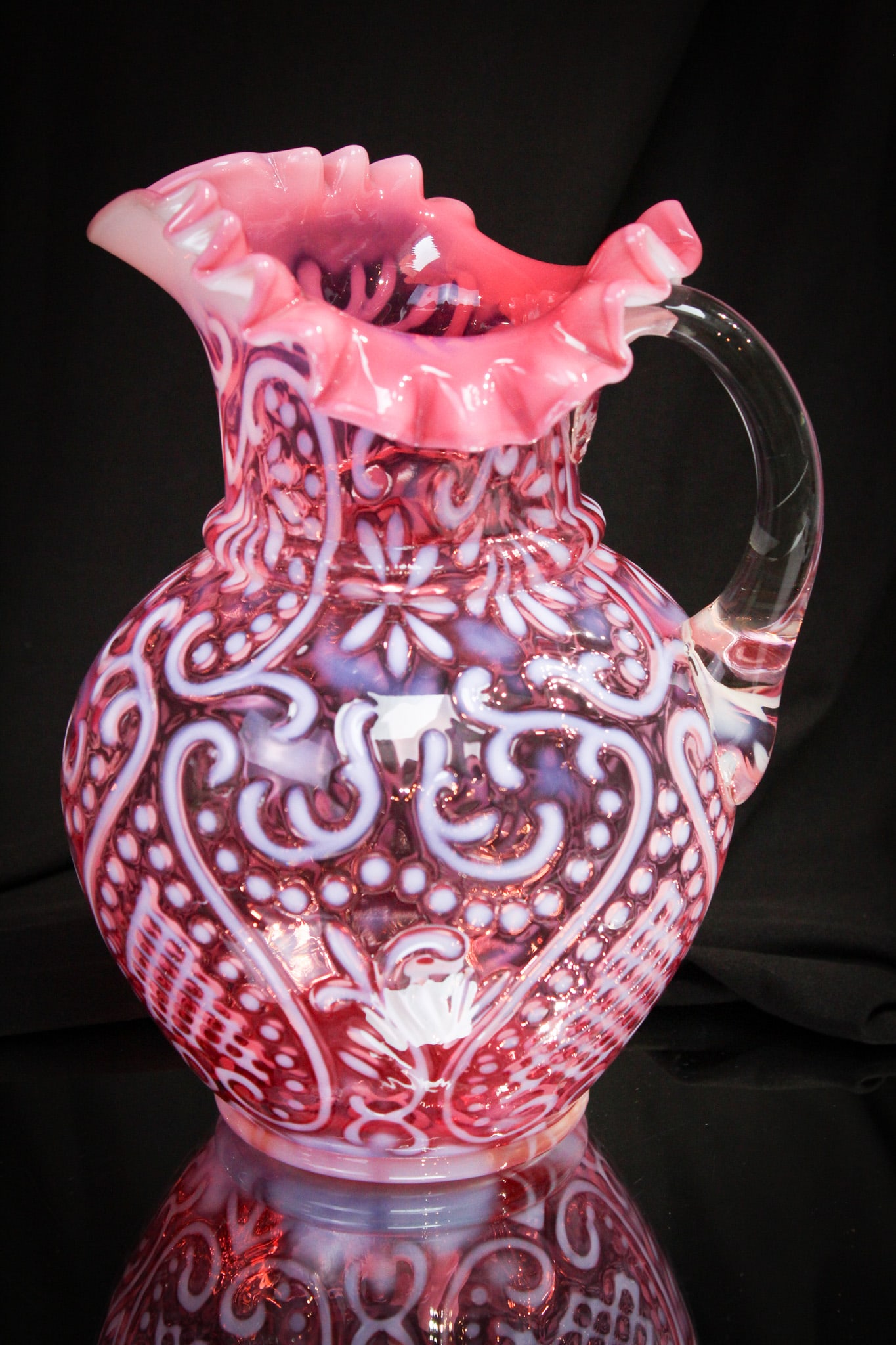 Cranberry Opalescent Arabian Nights Victorian Water Pitcher: Gorgeous cranberry opalescent "Arabian Nights" pattern Victorian water pitcher. Pitcher has extraordinary color and opal. A great example!