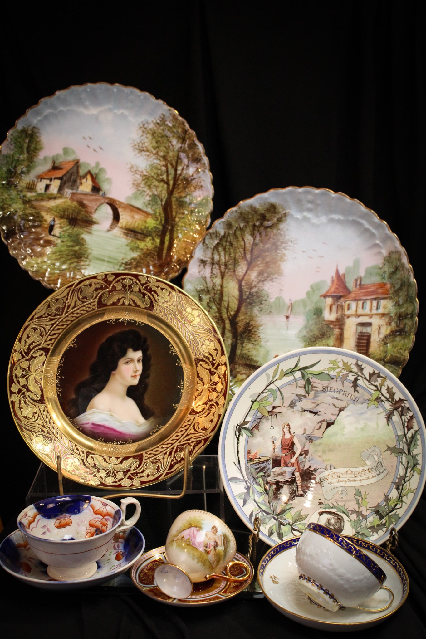 10 pc Lot Royal Vienna Porcelain & More: What an assortment we have here folks! A super ten piece lot of porcelain goodies including a Royal Vienna cup and saucer along with a portrait plate. And then, so much more.