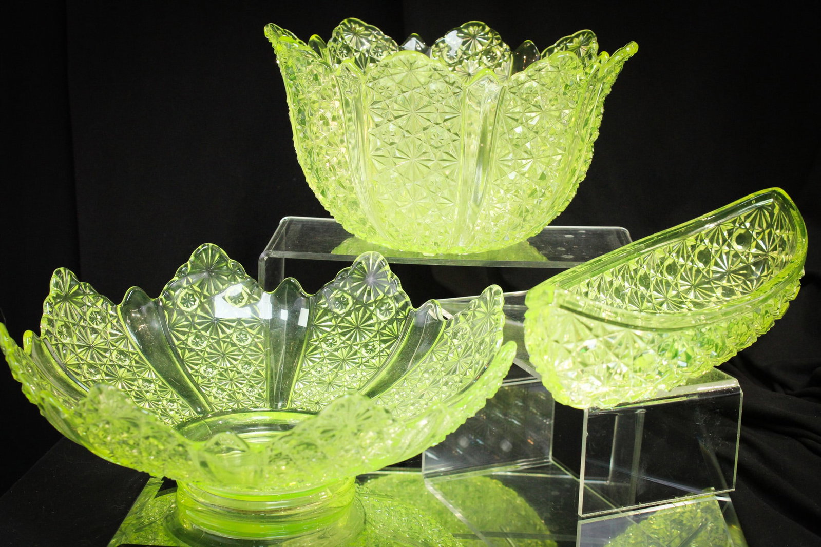 3 pc Lot Vaseline Victorian Glass Duncan &: Hand selected offering of three fine pieces of Victorian vaseline glass. Two are Duncan "Ellrose" pattern. The third is a large Daisy & Button pattern Canoe.