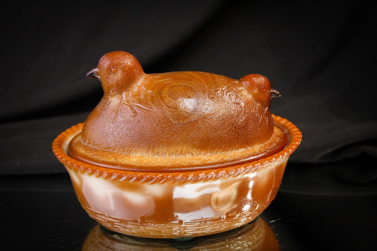 Museum Rare Greentown McKee Chocolate Glass 2 Headed Chick Dish: Greentown collectors. Stand up and take note of this museum rarity in chocolate glass. This one only known phenomenal piece of Greentown history can be yours today. The complete history, as all of you