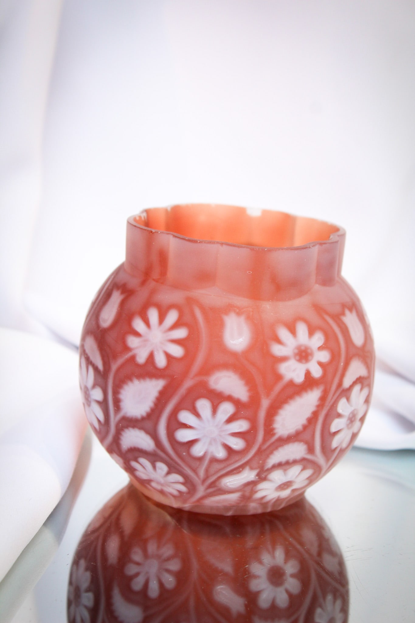Cranberry Opalescent Findlay Floradine Glass Spooner: Great example of Findlay Floradine glass in this cranberry opalescent satin spooner.