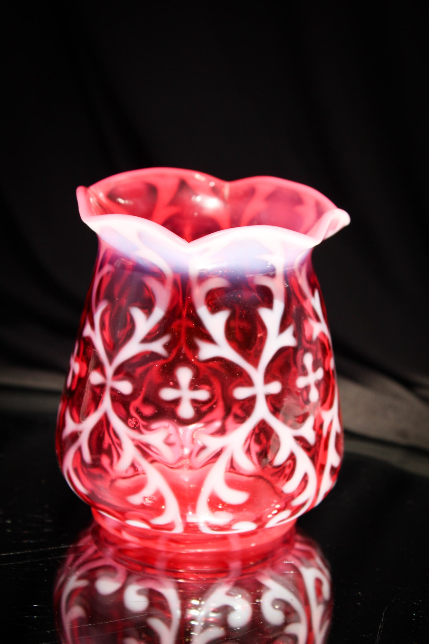 Northwood Cranberry Opalescent Glass Spanish Lace Spooner: Deep rich cranberry and crisp white opalescence make up this beauty. Do you have one in your closet?