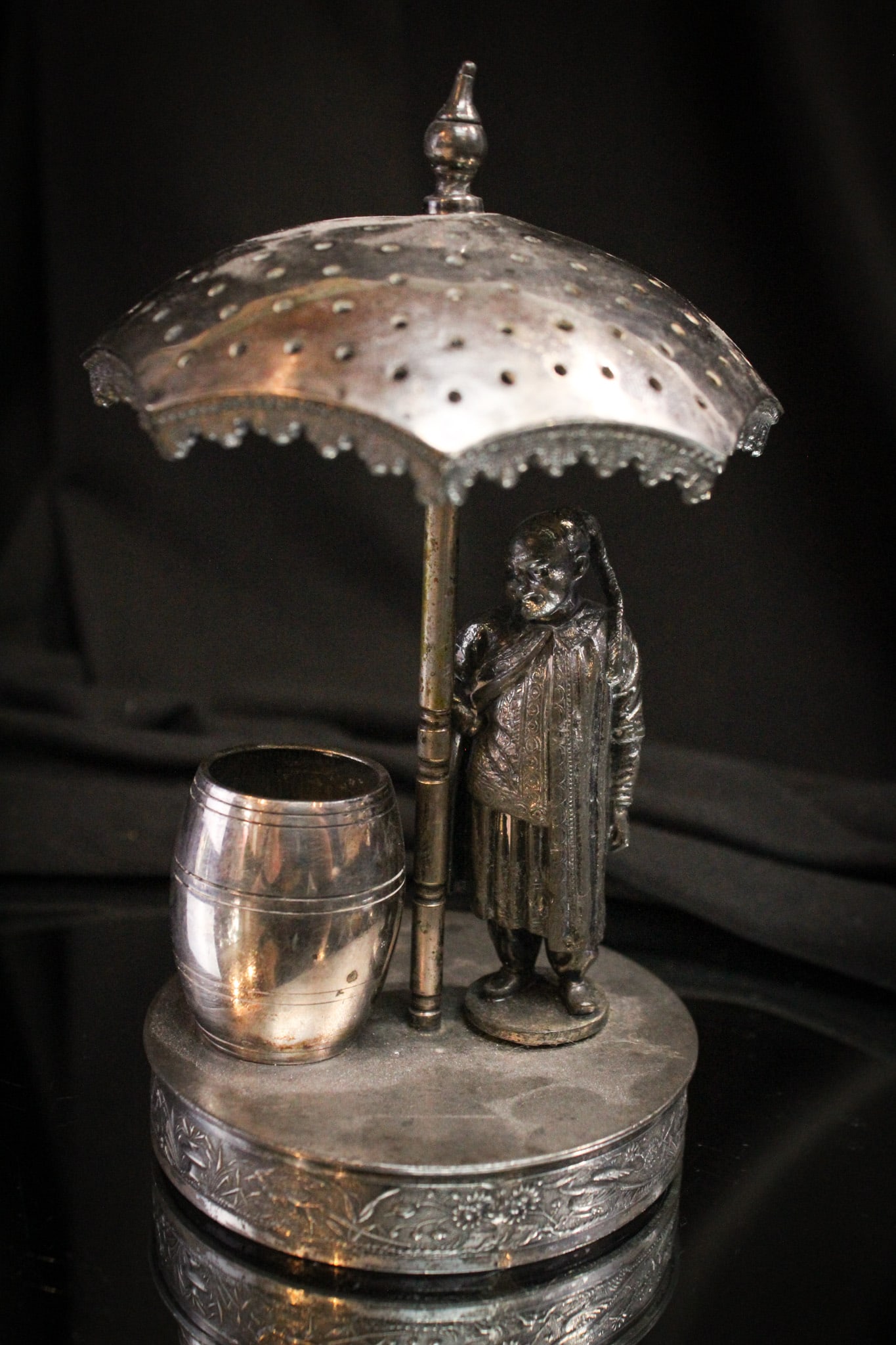 Simpson Hall Miller Figural Oriental Man Toothpick Holder: Signed "Simpson Hall and Miller" silverplate Victorian toothpick holder. Holder features an oriental man with mustache along side the umbrella holder for toothpicks. Nice!