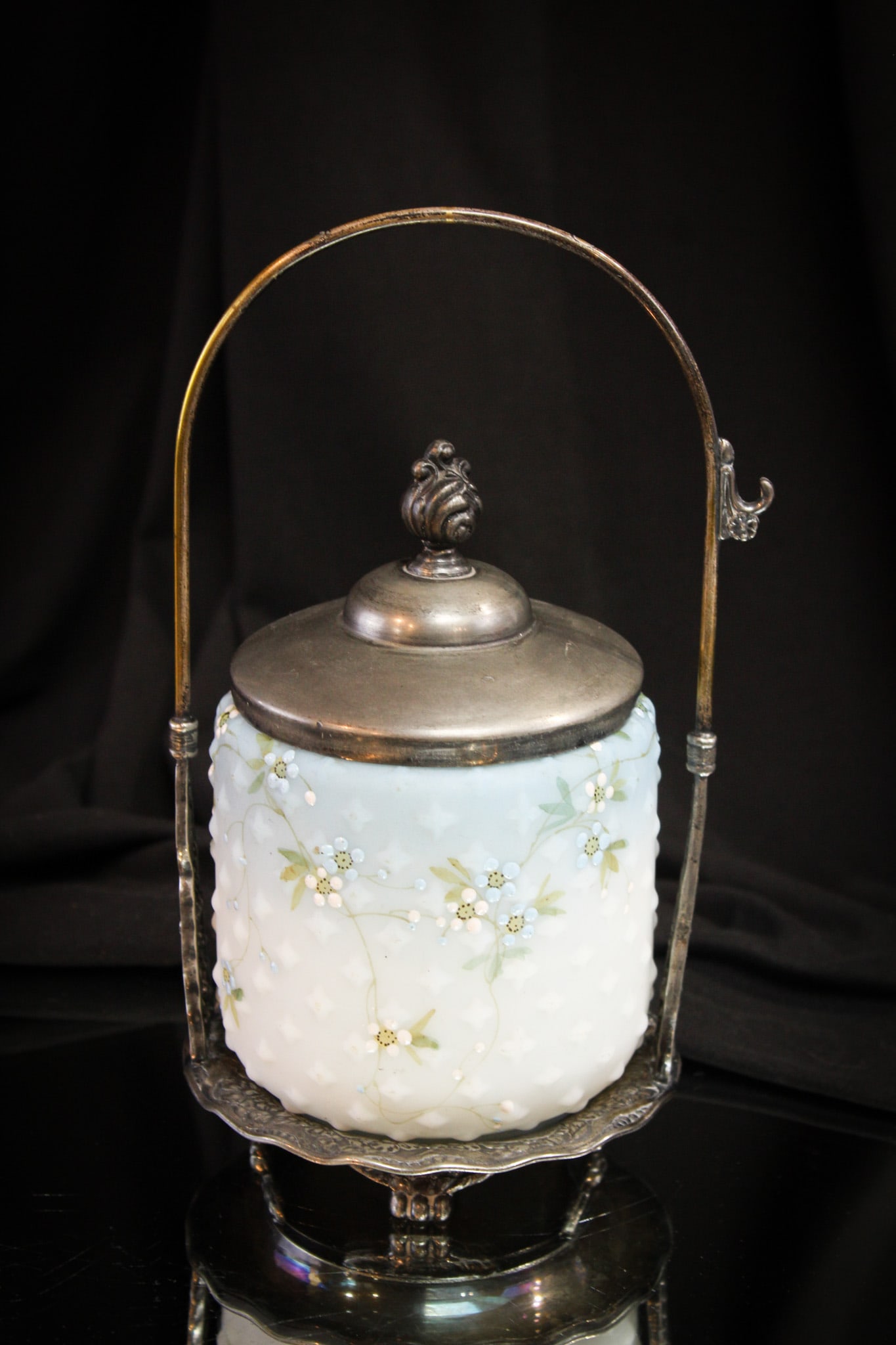 Mt. Washington Pairpoint Silverplate Victorian Pickle Castor: Superb Mt. Washington glass and signed "Pairpoint" silverplate Victorian pickle castor. Wonderful blues decorating the Crown Milano glass jar.