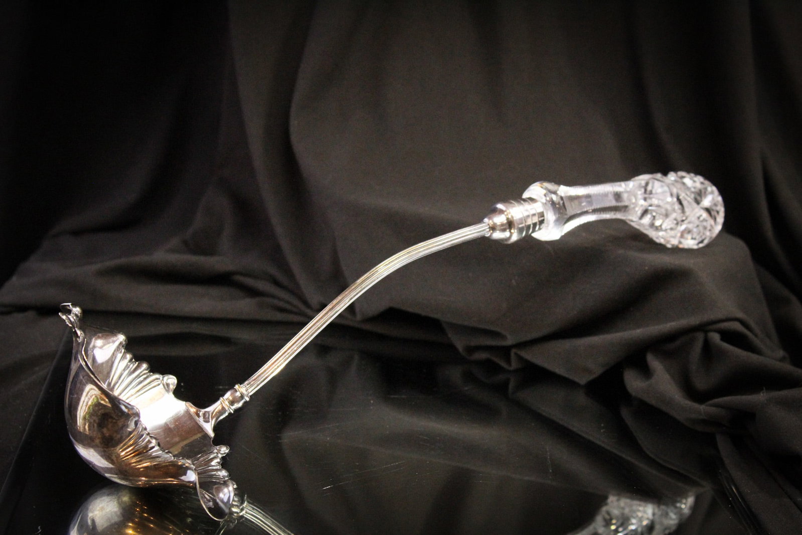 Pairpoint Cut Glass & Silverplate Punch Bowl Ladle: Marvelous signed "Pairpoint" silverplate punch bowl ladle complete with cut glass handle.